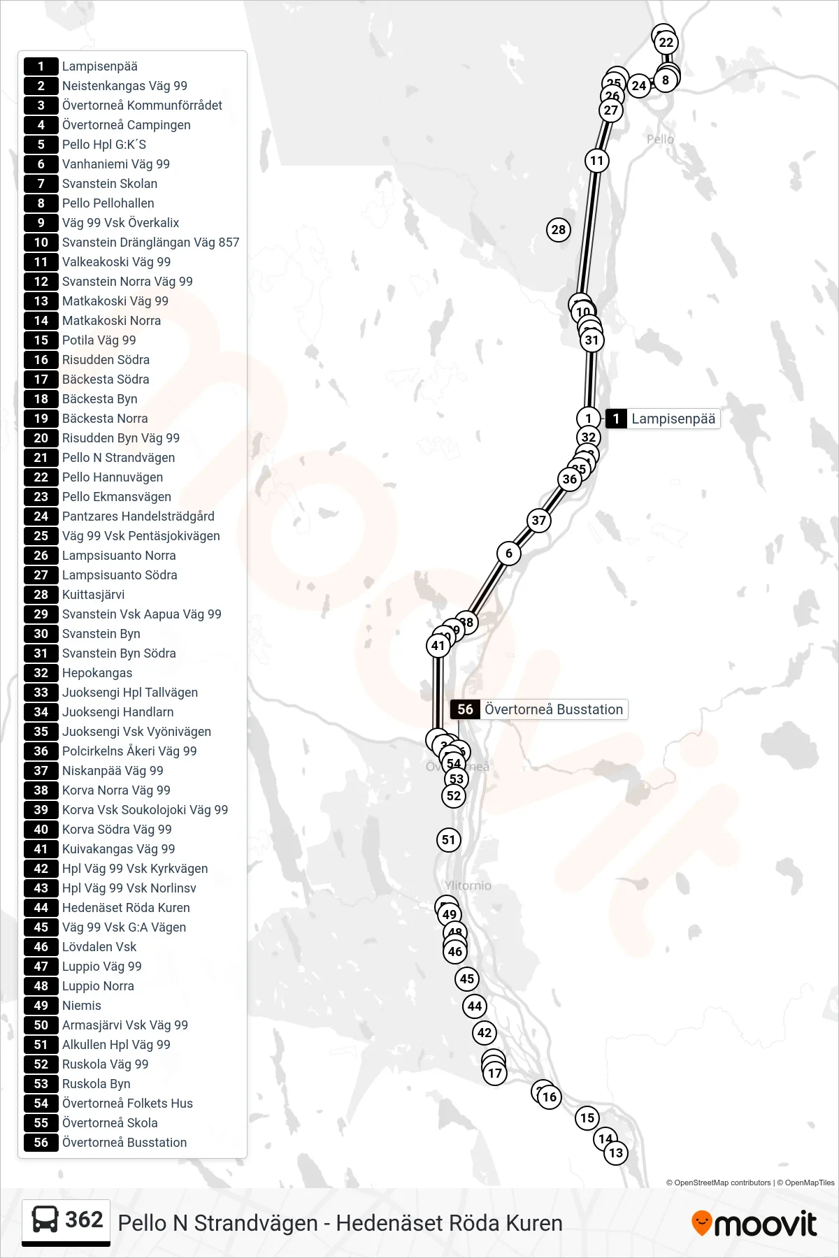 Rutt och hållplatser på karta för linje 362 spårvagn, (Övertorneå Busstation)