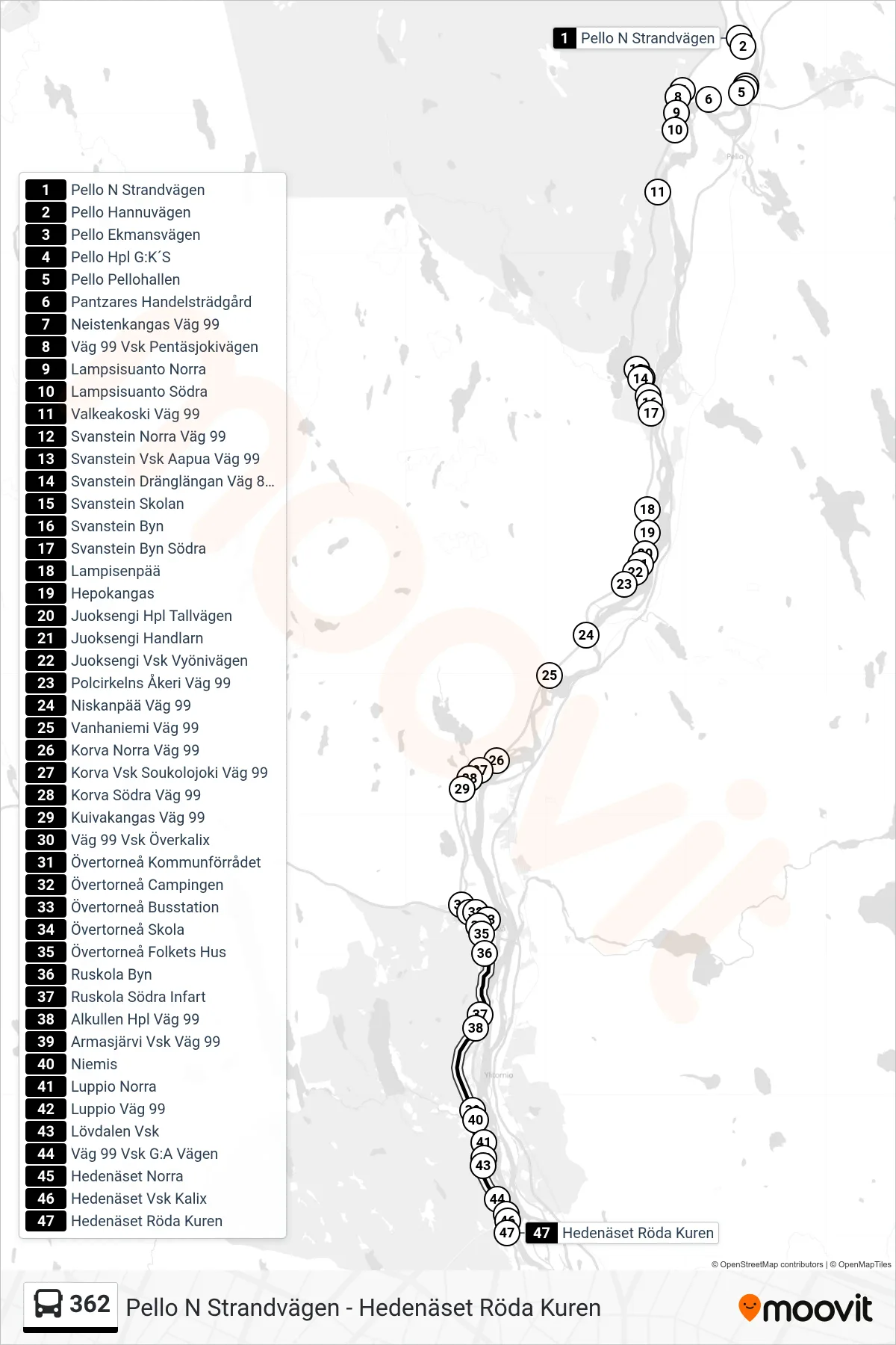 Rutt och hållplatser på karta för linje 362  spårvagn, (Hedenäset Röda Kuren)