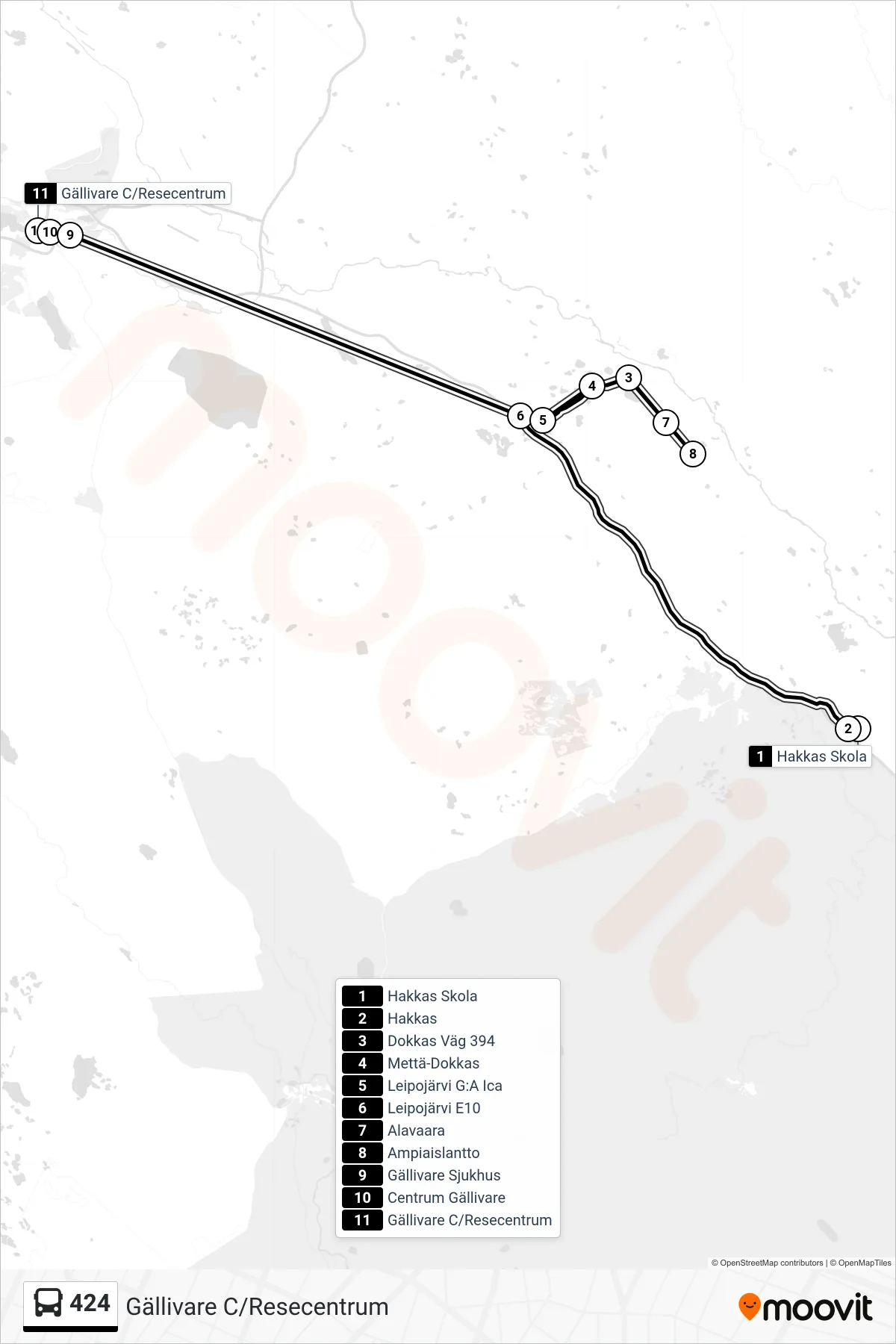 Rutt och hållplatser på karta för linje 424  spårvagn, (Gällivare C/Resecentrum)