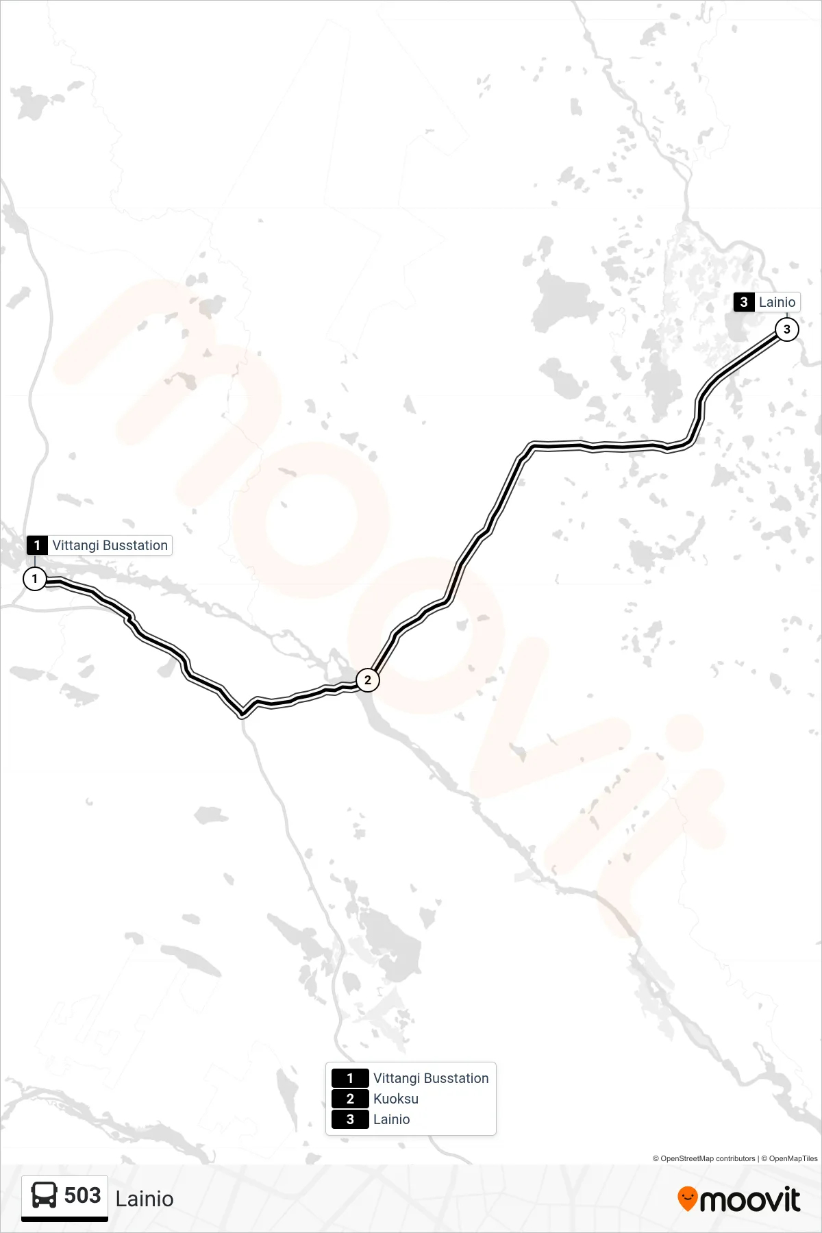 Rutt och hållplatser på karta för linje 503 spårvagn, (Lainio)