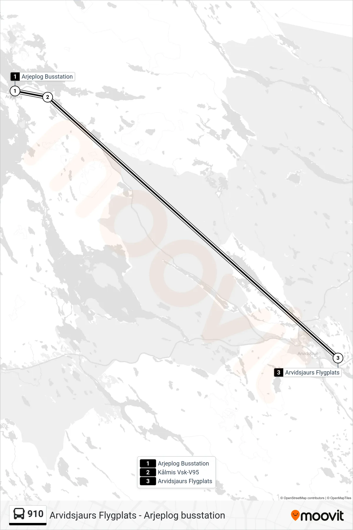 Rutt och hållplatser på karta för linje 910 spårvagn, (Arvidsjaurs Flygplats)