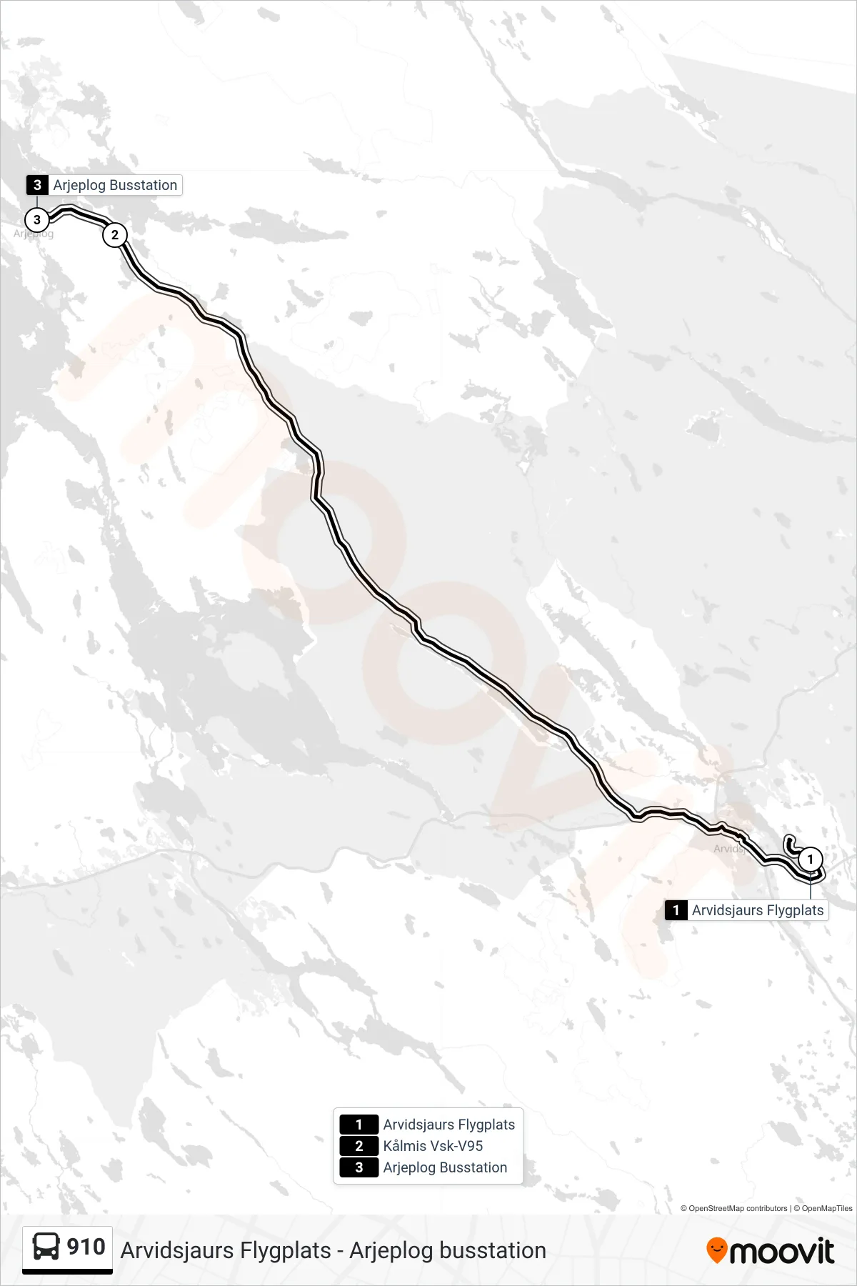 Rutt och hållplatser på karta för linje 910 spårvagn, (Arjeplog Busstation)