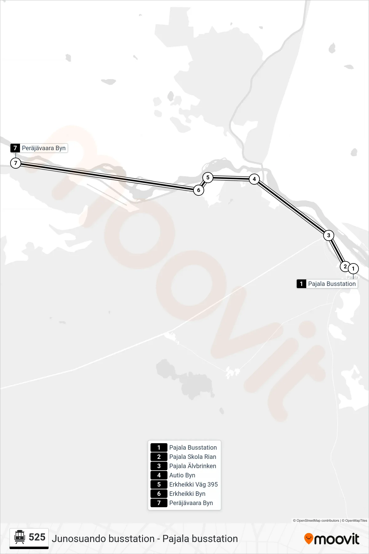 Rutt och hållplatser på karta för linje 525 spårvagn, (Peräjävaara Byn)