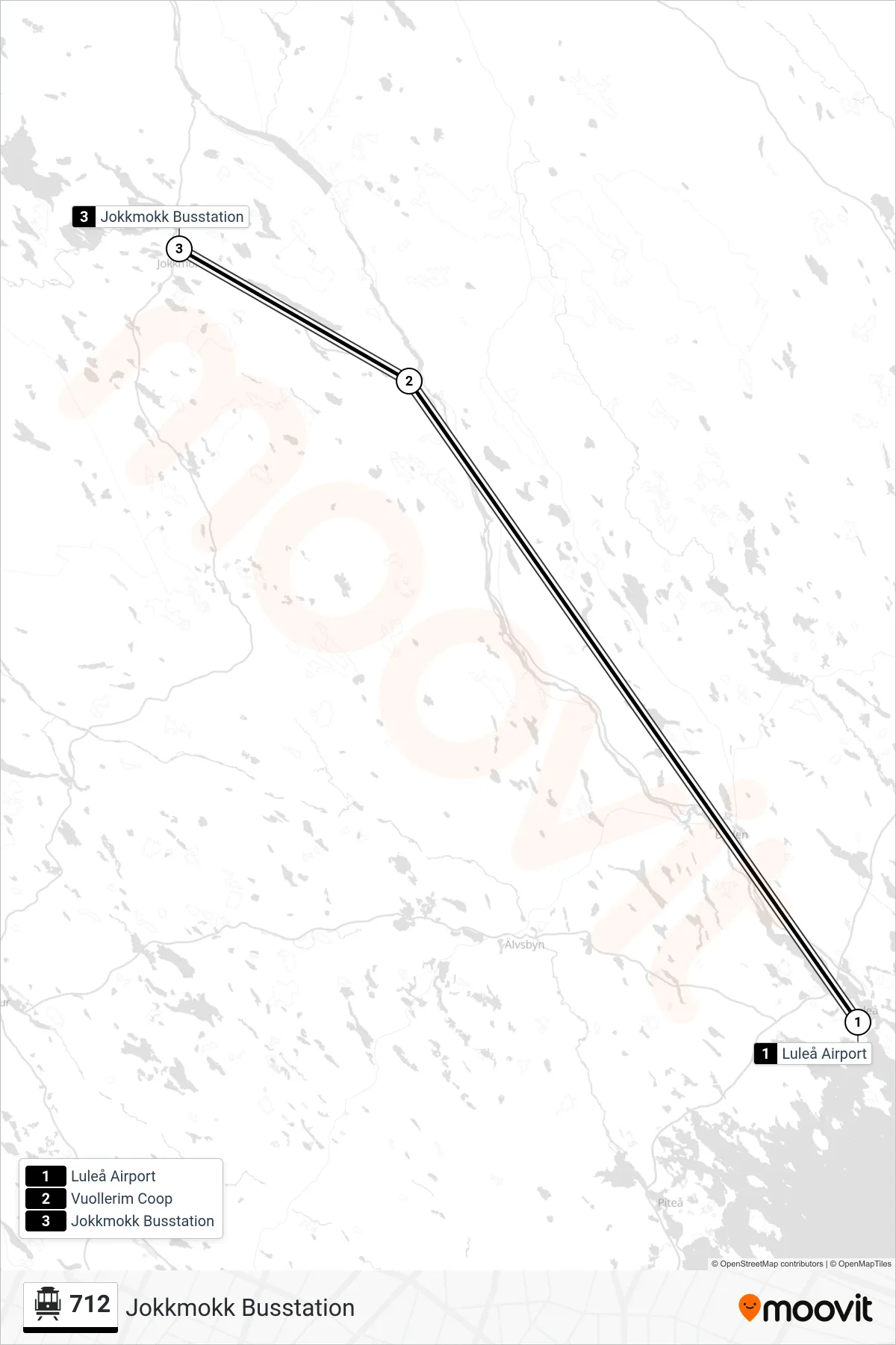 Rutt och hållplatser på karta för linje 712 spårvagn, (Jokkmokk Busstation)