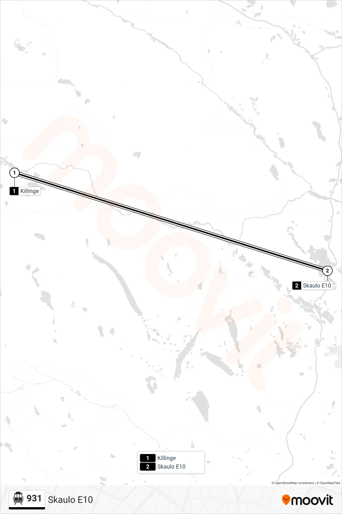 Rutt och hållplatser på karta för linje 931 spårvagn, (Skaulo E10)
