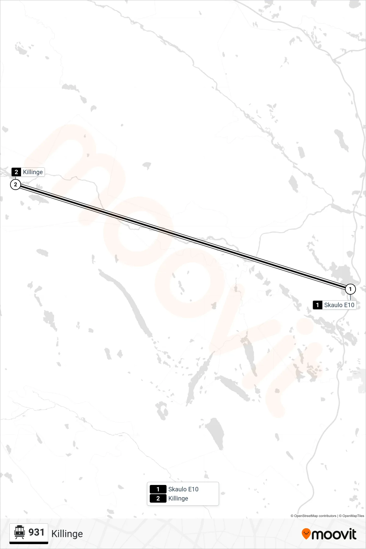 Rutt och hållplatser på karta för linje 931 spårvagn, (Killinge)