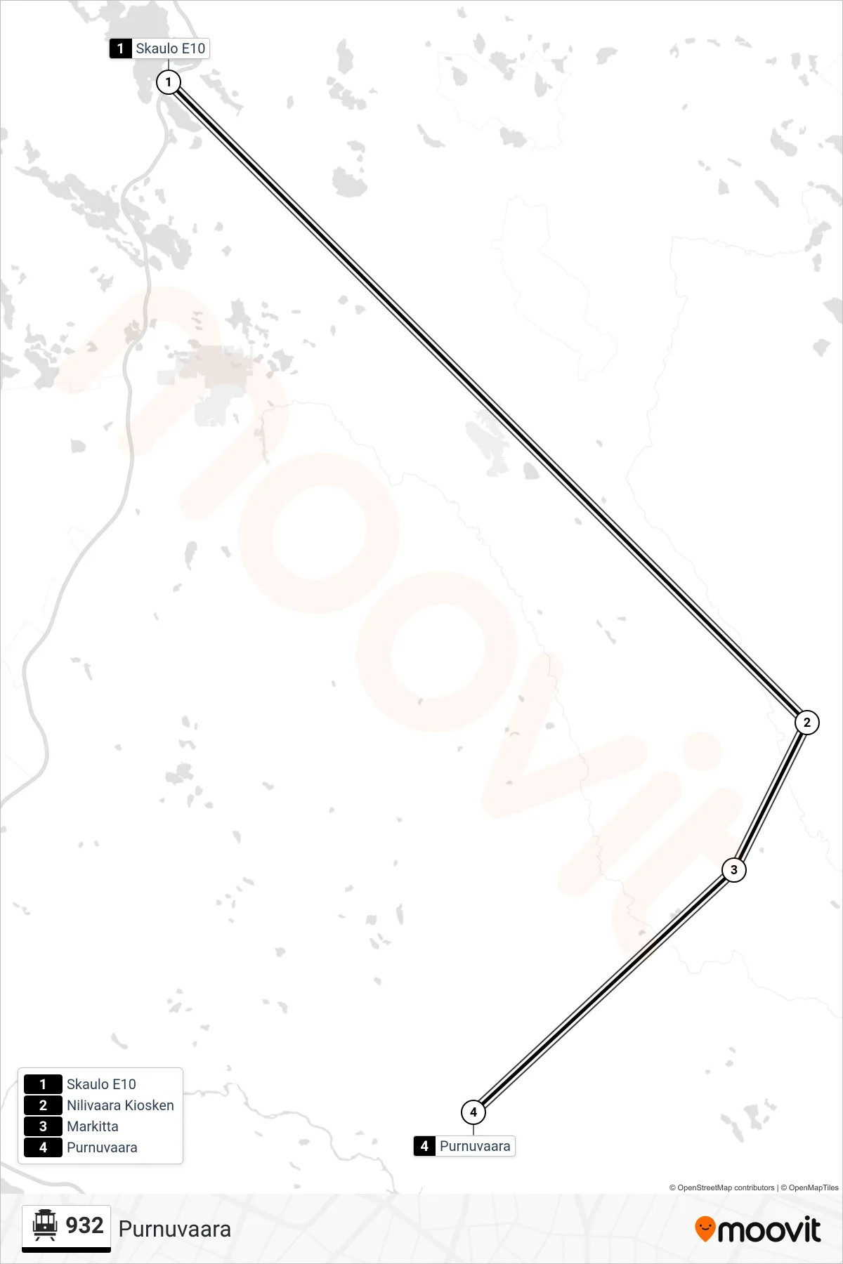 Rutt och hållplatser på karta för linje 932 spårvagn, (Purnuvaara)