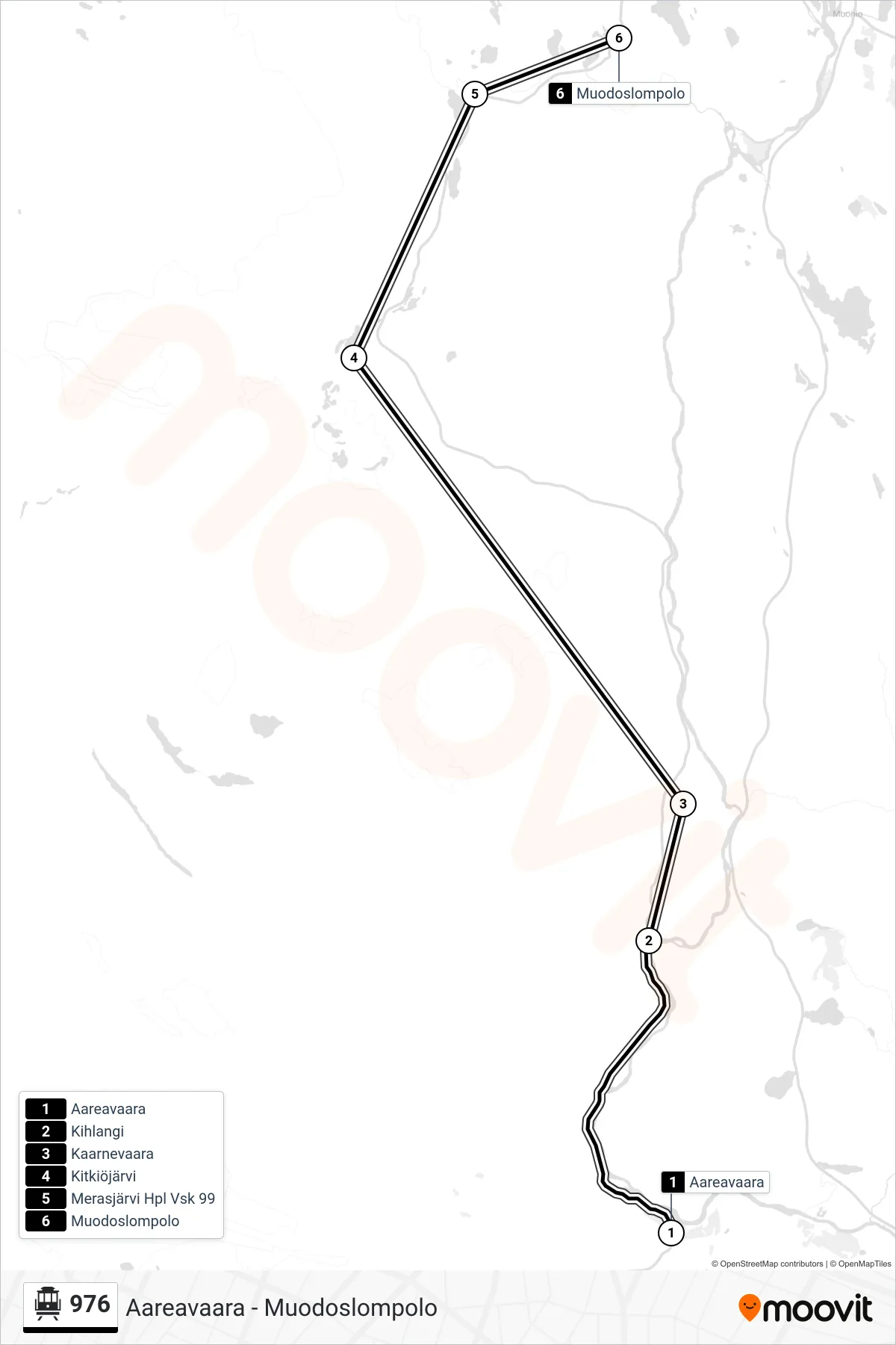 Rutt och hållplatser på karta för linje 976 spårvagn, (Muodoslompolo)