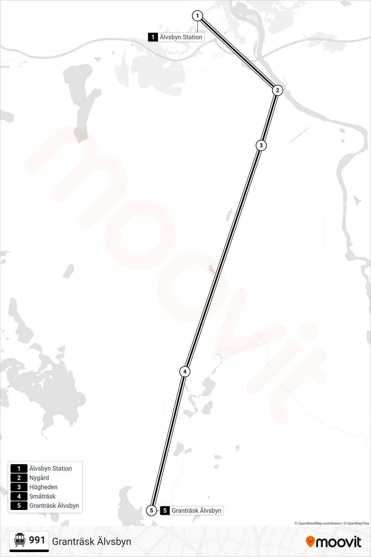 Rutt och hållplatser på karta för linje 991  spårvagn, (Granträsk Älvsbyn)