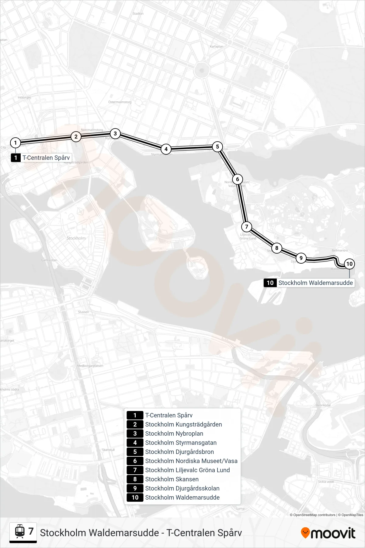 Rutt och hållplatser på karta för linje 7  spårväg, (Stockholm Waldemarsudde)