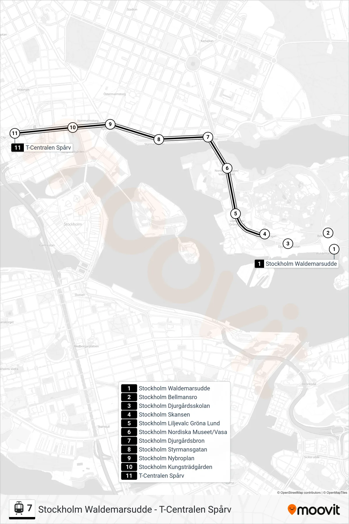 Rutt och hållplatser på karta för linje 7  spårväg, (T-Centralen Spårv)