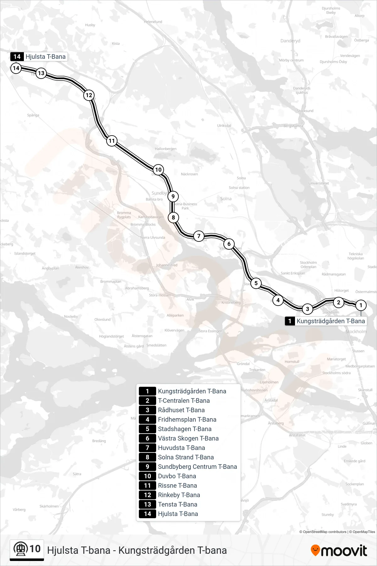 Rutt och hållplatser på karta för linje 10 tunnelbana, (Hjulsta T-Bana)