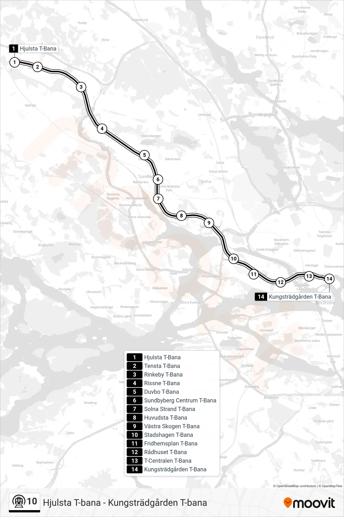 Rutt och hållplatser på karta för linje 10 tunnelbana, (Kungsträdgården T-Bana)