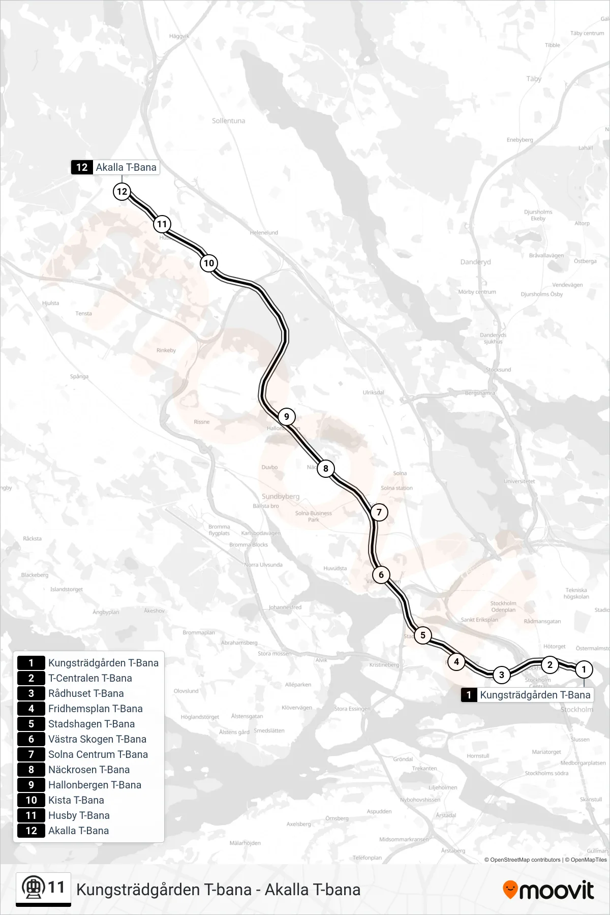 Rutt och hållplatser på karta för linje 11 tunnelbana, (Akalla T-Bana)