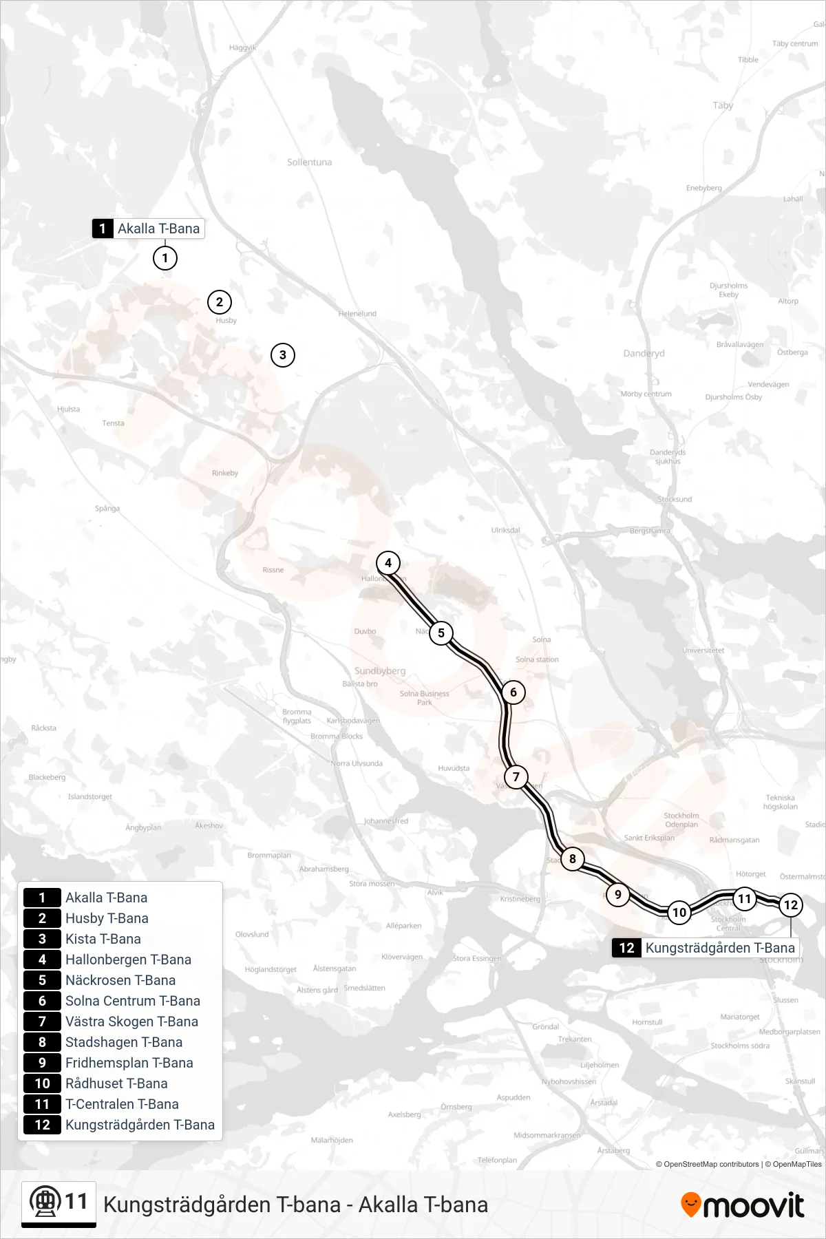 Rutt och hållplatser på karta för linje 11  tunnelbana, (Kungsträdgården T-Bana)