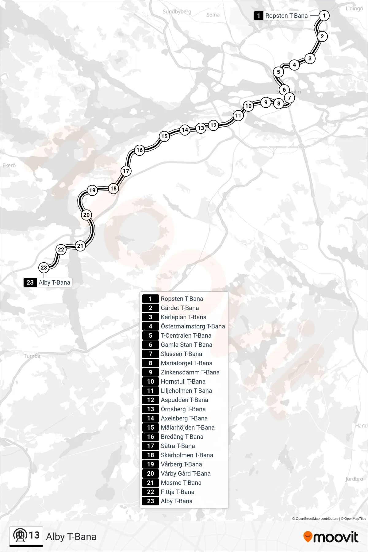 Rutt och hållplatser på karta för linje 13 tunnelbana, (Alby T-Bana)