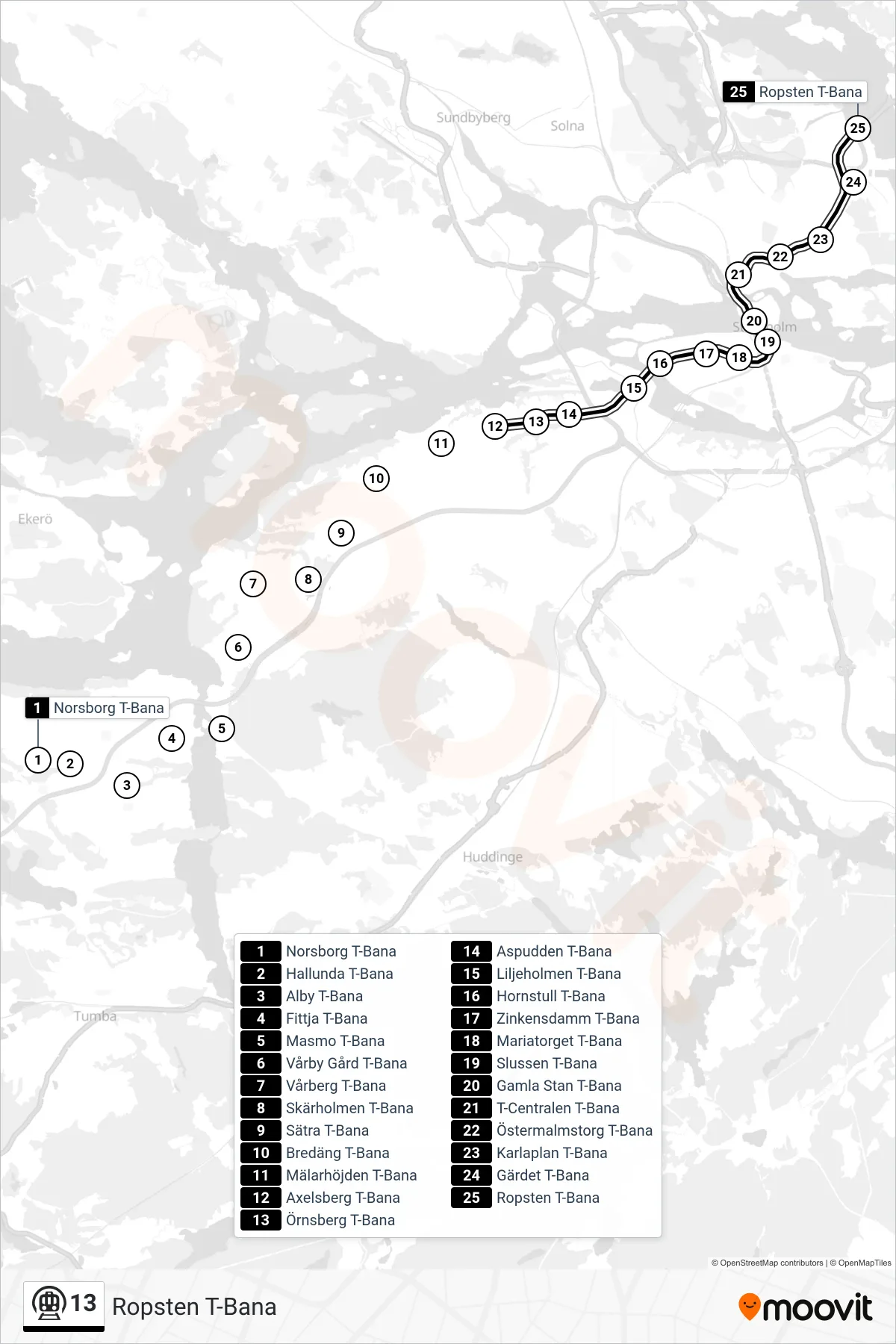 Rutt och hållplatser på karta för linje 13 tunnelbana, (Ropsten T-Bana)