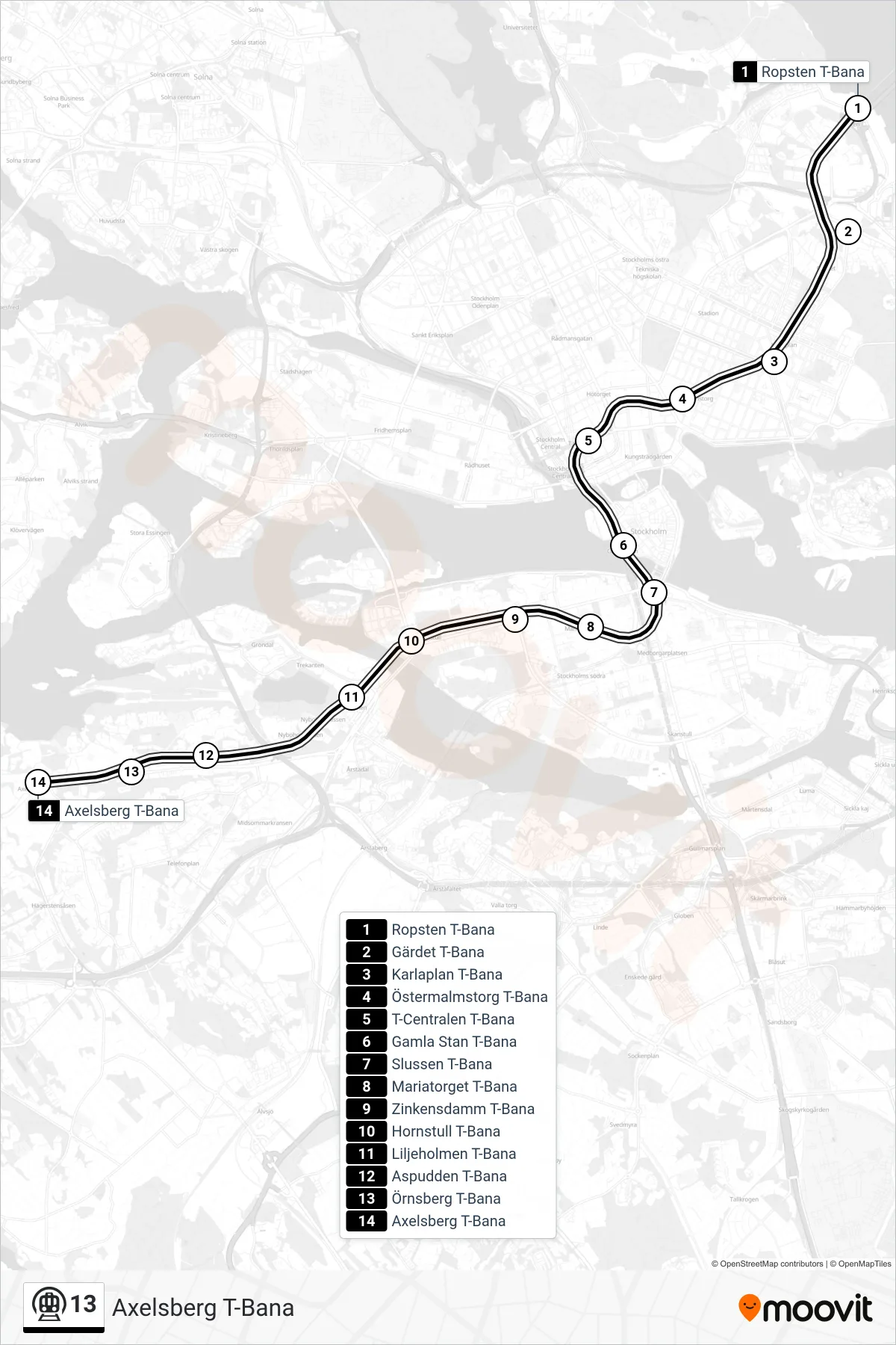 Rutt och hållplatser på karta för linje 13  tunnelbana, (Axelsberg T-Bana)