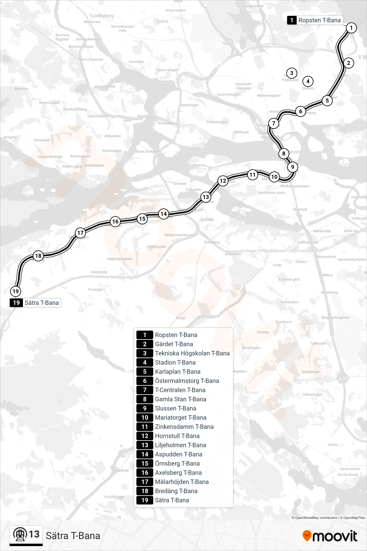Rutt och hållplatser på karta för linje 13 tunnelbana, (Sätra T-Bana)