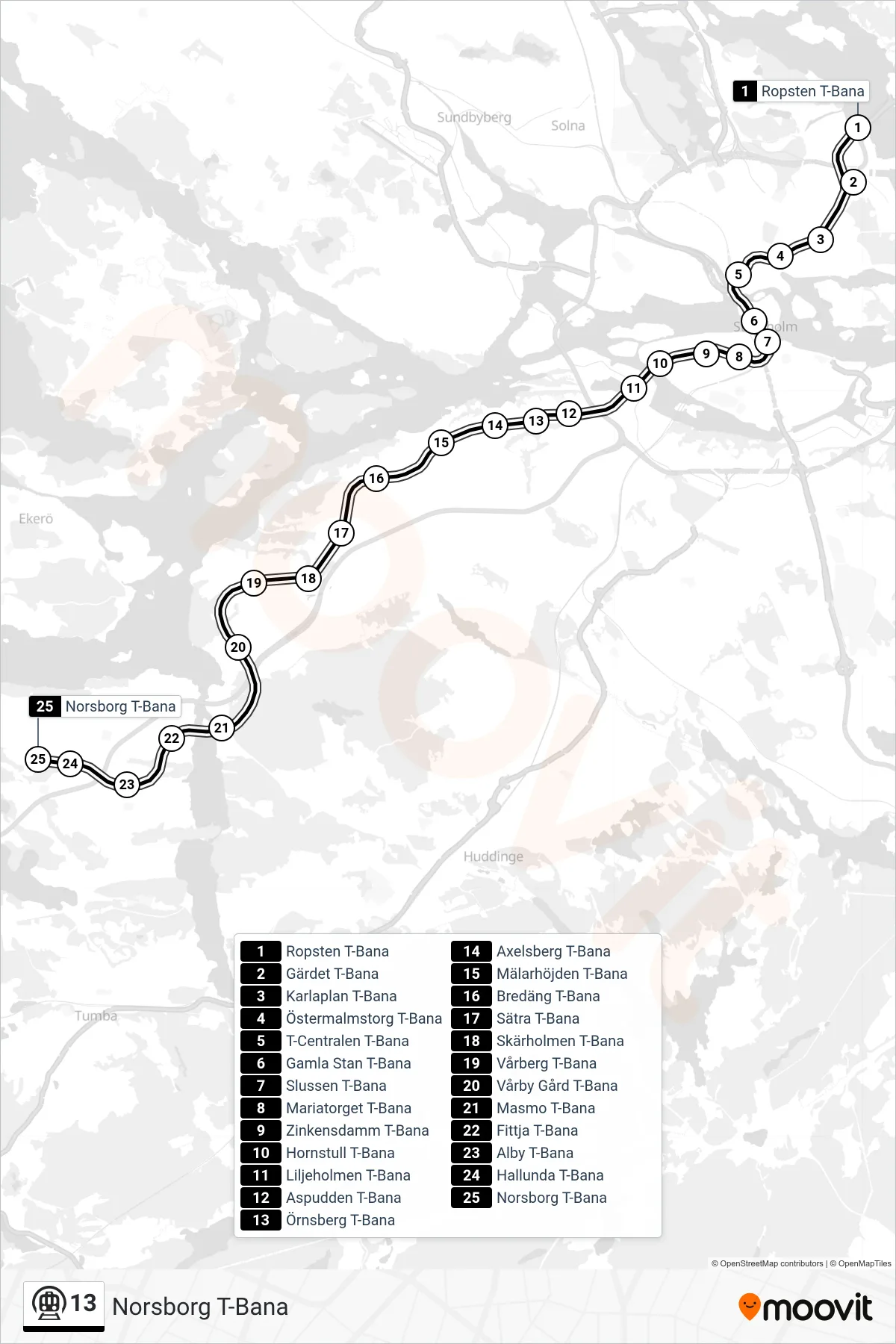 Rutt och hållplatser på karta för linje 13 tunnelbana, (Norsborg T-Bana)