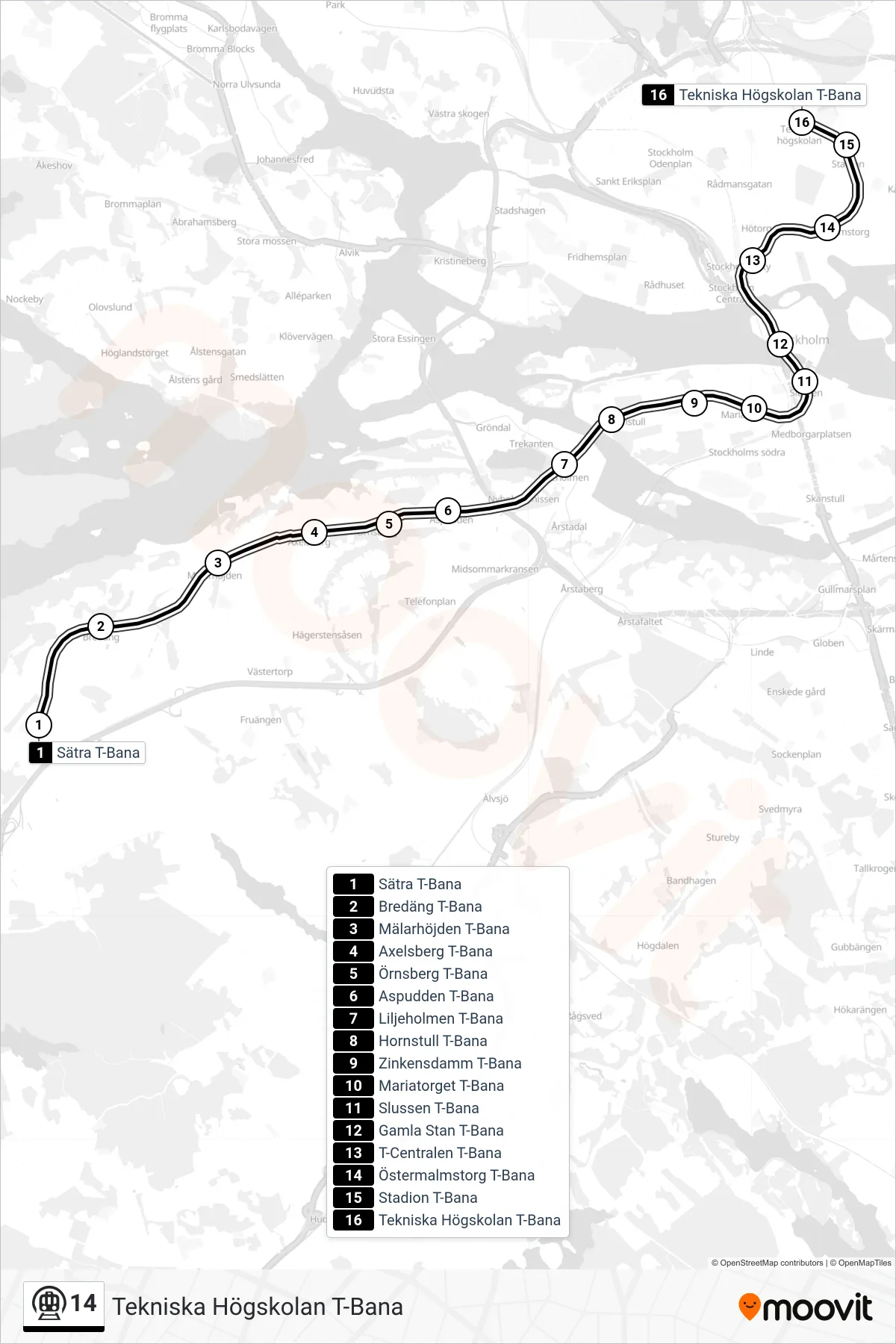 Rutt och hållplatser på karta för linje 14 tunnelbana, (Tekniska Högskolan T-Bana)