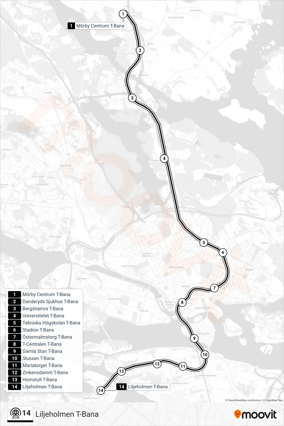 Rutt och hållplatser på karta för linje 14  tunnelbana, (Liljeholmen T-Bana)
