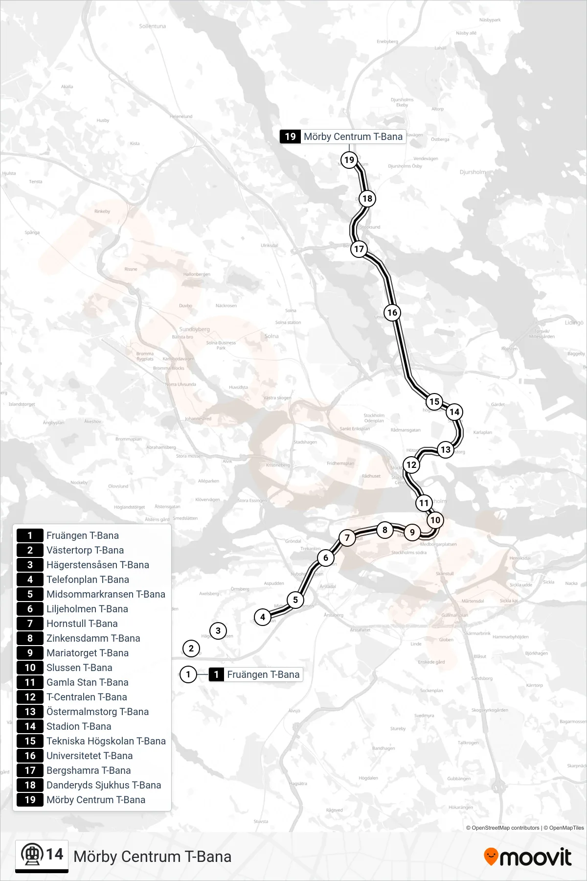 Rutt och hållplatser på karta för linje 14  tunnelbana, (Mörby Centrum T-Bana)