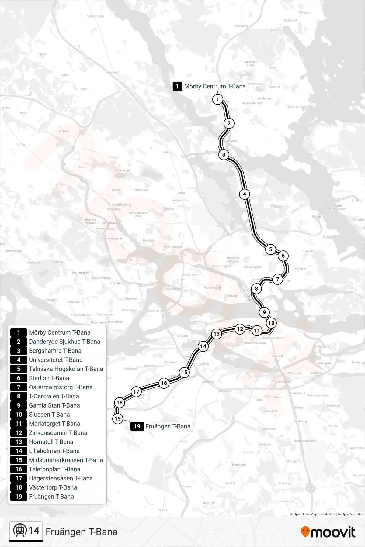Rutt och hållplatser på karta för linje 14 tunnelbana, (Fruängen T-Bana)