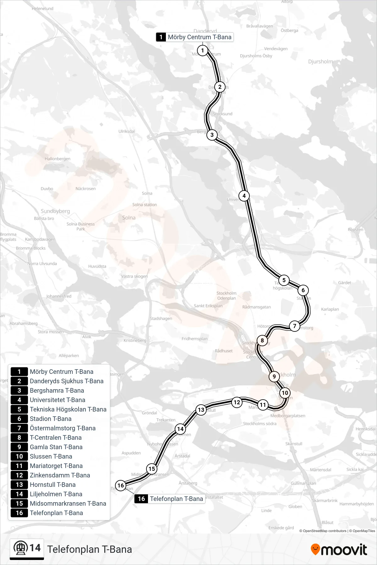 Rutt och hållplatser på karta för linje 14  tunnelbana, (Telefonplan T-Bana)