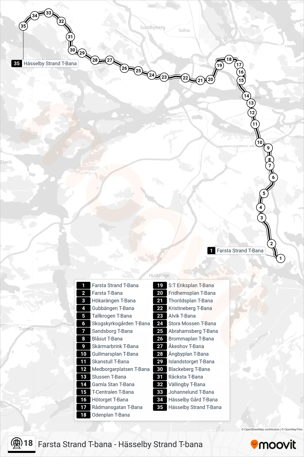 Rutt och hållplatser på karta för linje 18 tunnelbana, (Hässelby Strand T-Bana)