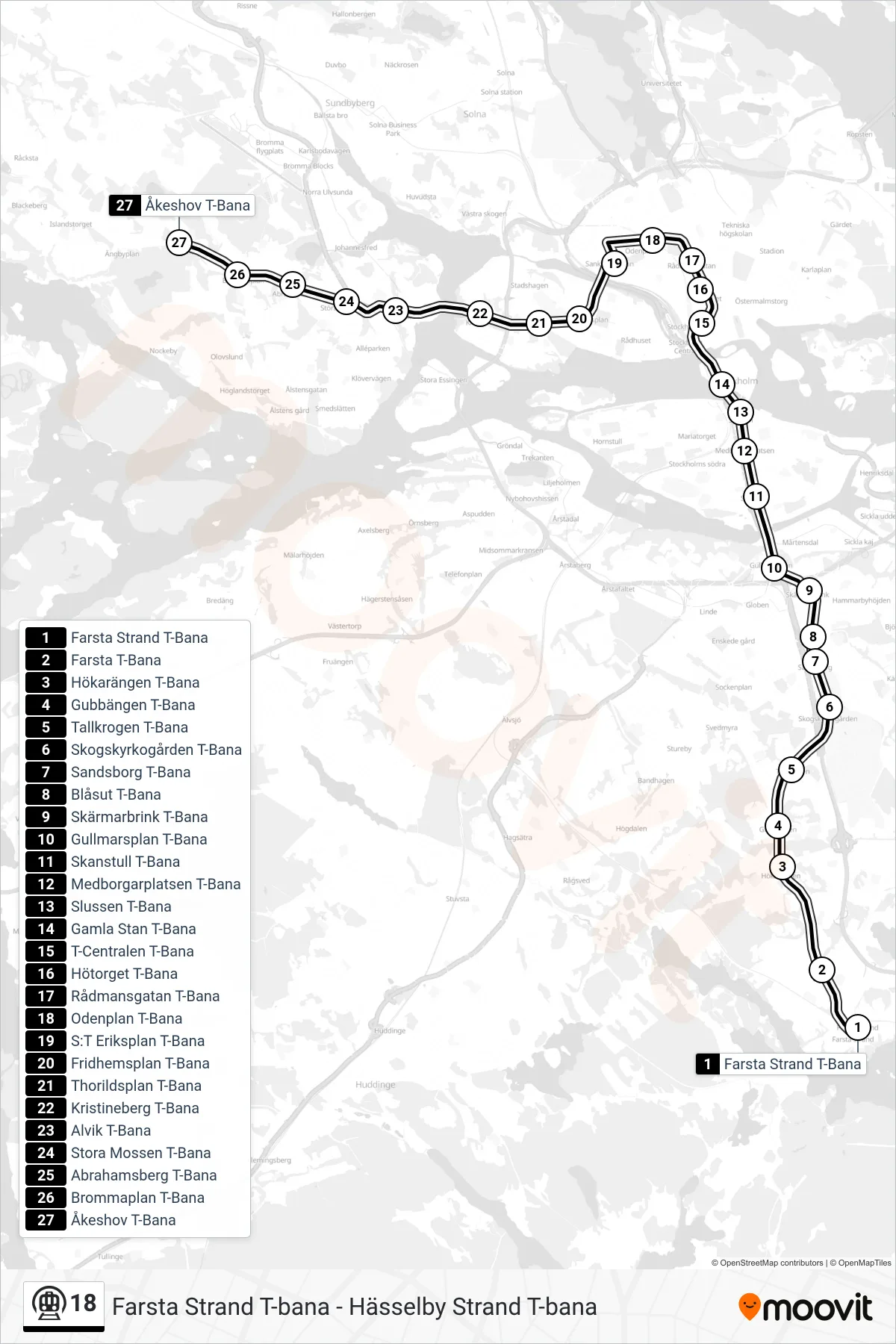 Rutt och hållplatser på karta för linje 18  tunnelbana, (Åkeshov T-Bana)