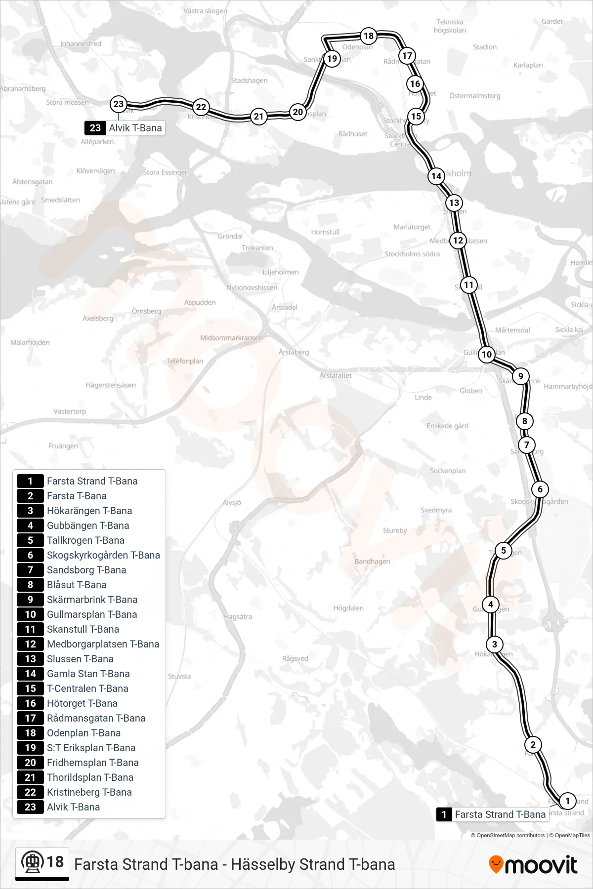 Rutt och hållplatser på karta för linje 18  tunnelbana, (Alvik T-Bana)