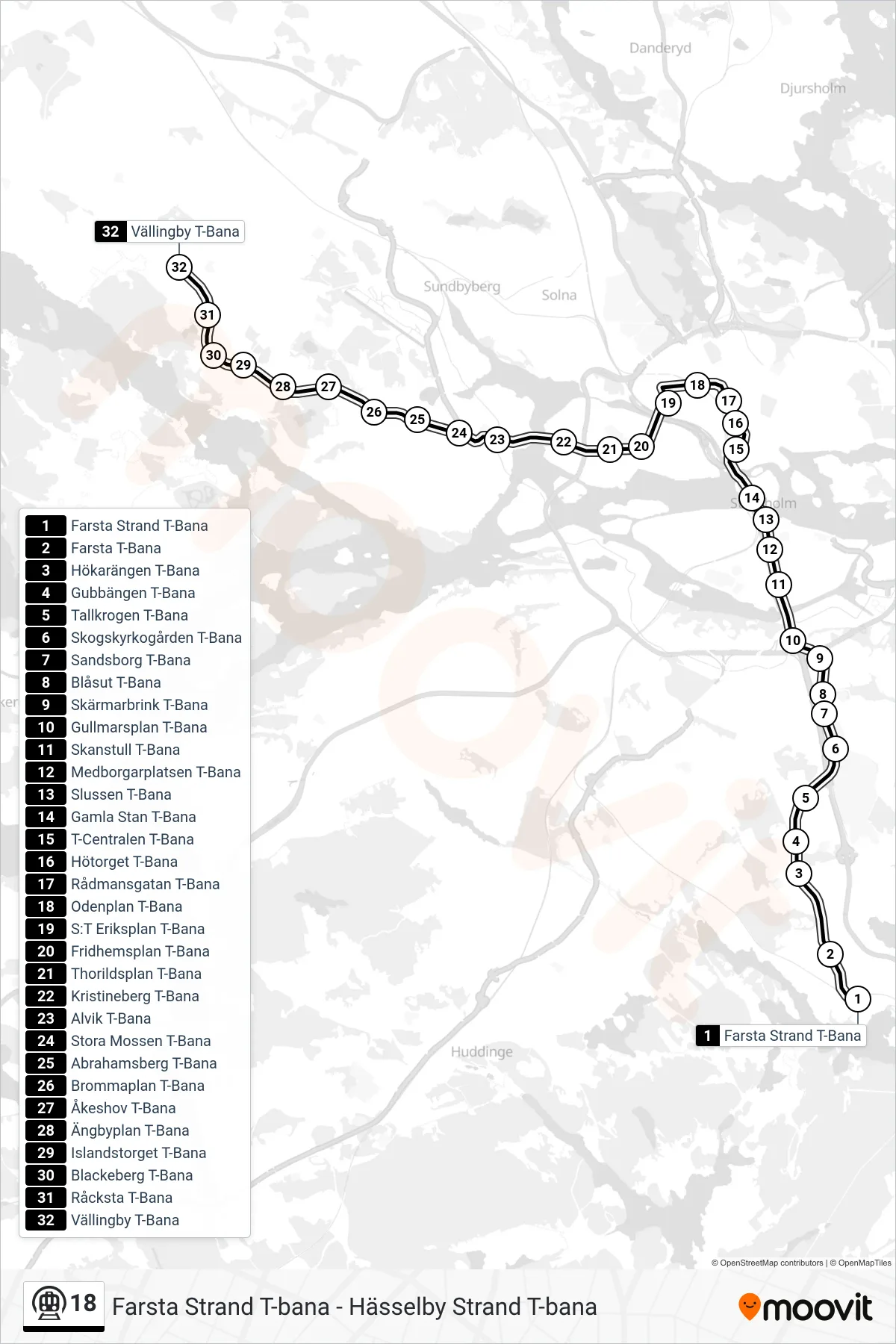 Rutt och hållplatser på karta för linje 18 tunnelbana, (Vällingby T-Bana)