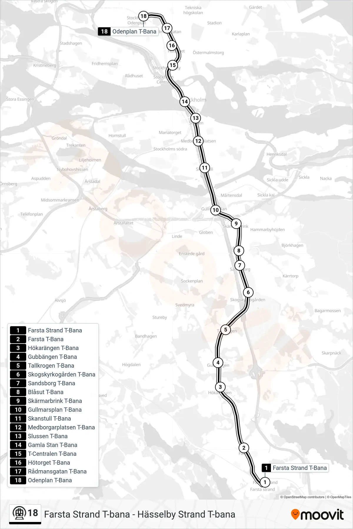Rutt och hållplatser på karta för linje 18 tunnelbana, (Odenplan T-Bana)