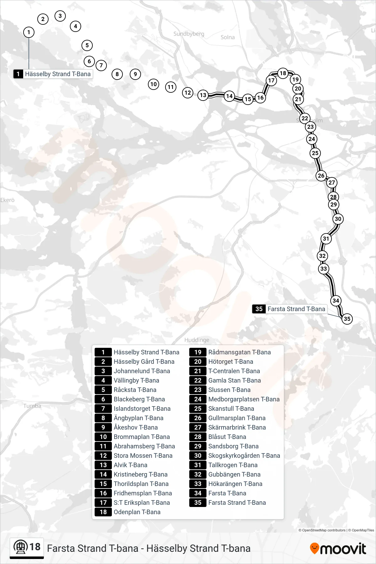 Rutt och hållplatser på karta för linje 18  tunnelbana, (Farsta Strand T-Bana)