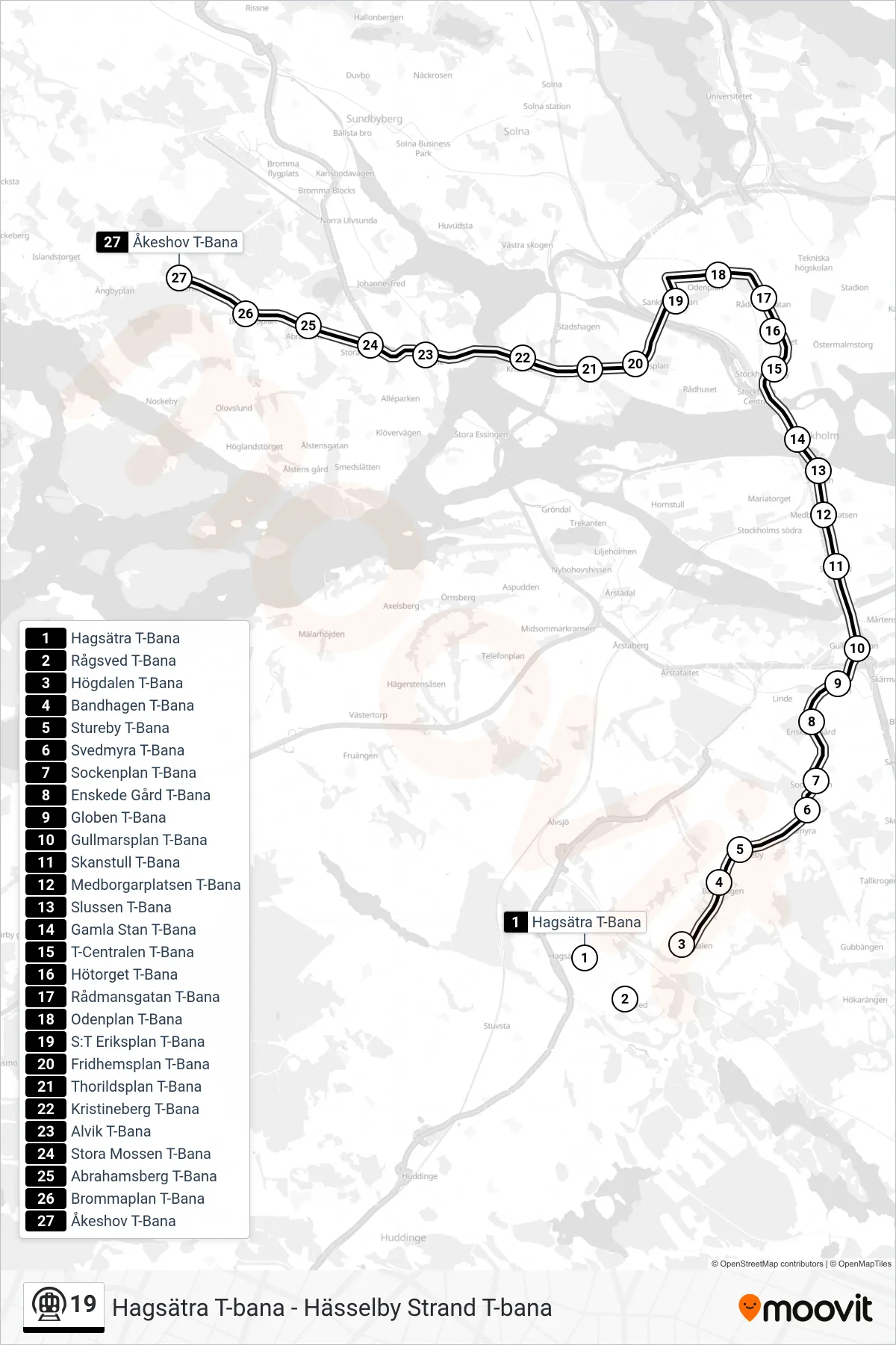 Rutt och hållplatser på karta för linje 19 tunnelbana, (Åkeshov T-Bana)