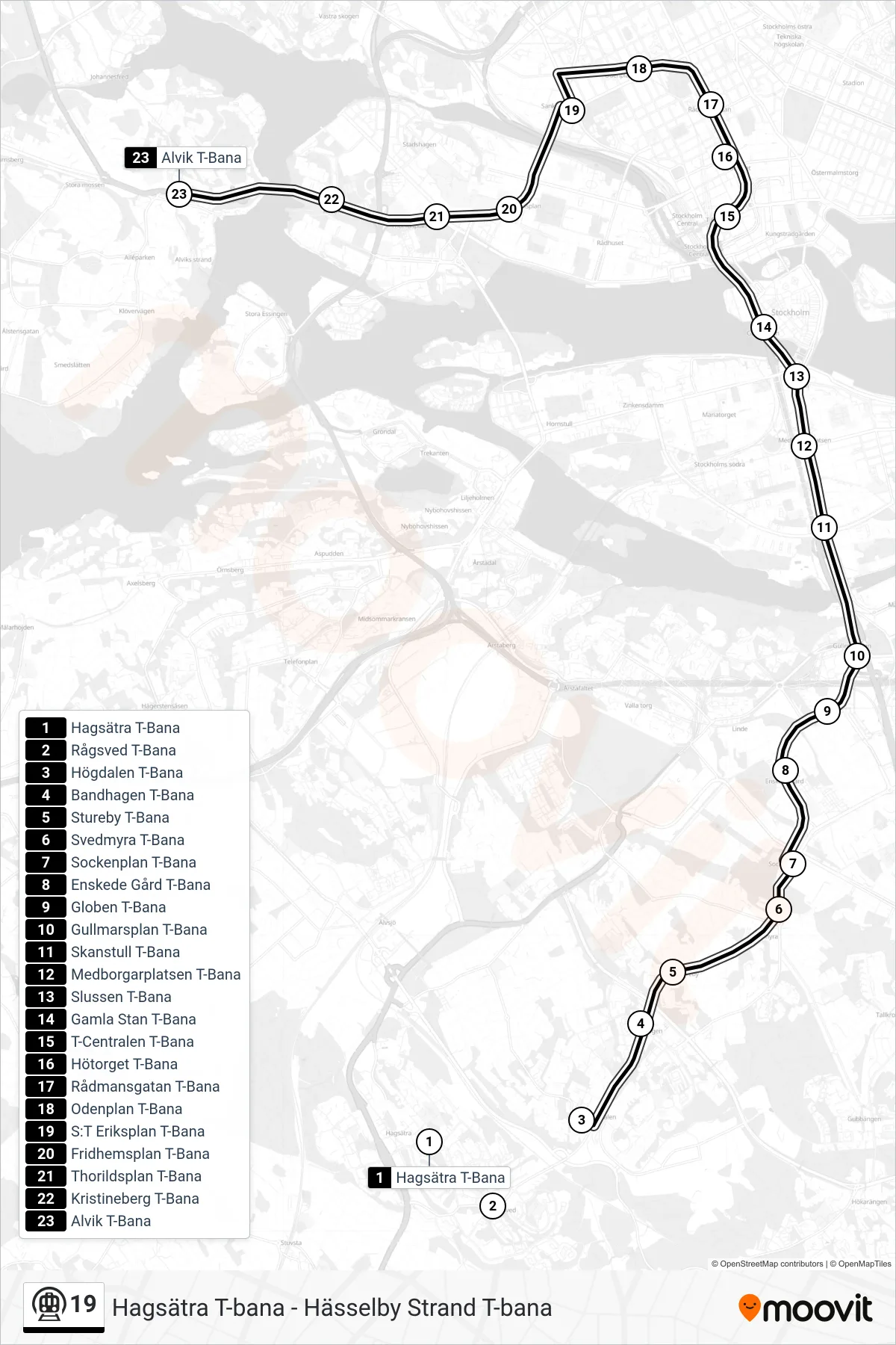 Rutt och hållplatser på karta för linje 19 tunnelbana, (Alvik T-Bana)
