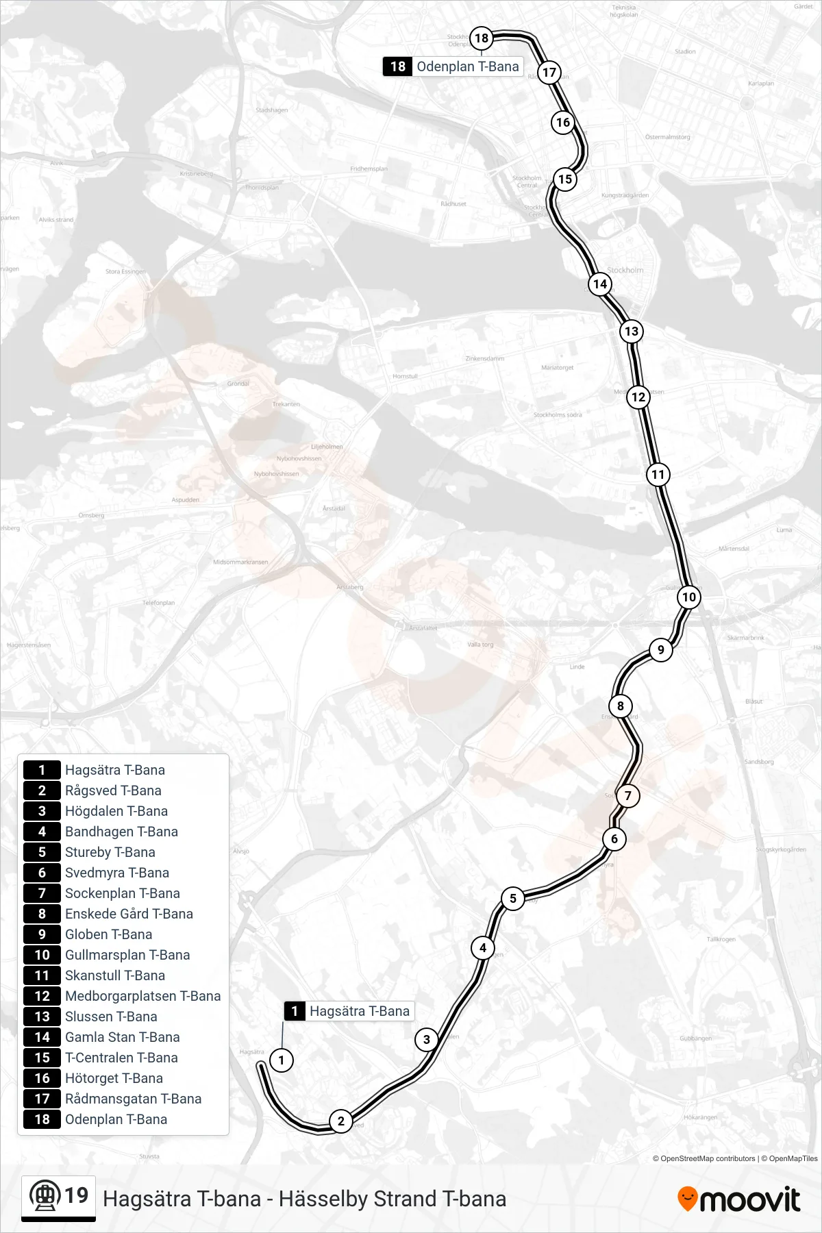 Rutt och hållplatser på karta för linje 19 tunnelbana, (Odenplan T-Bana)