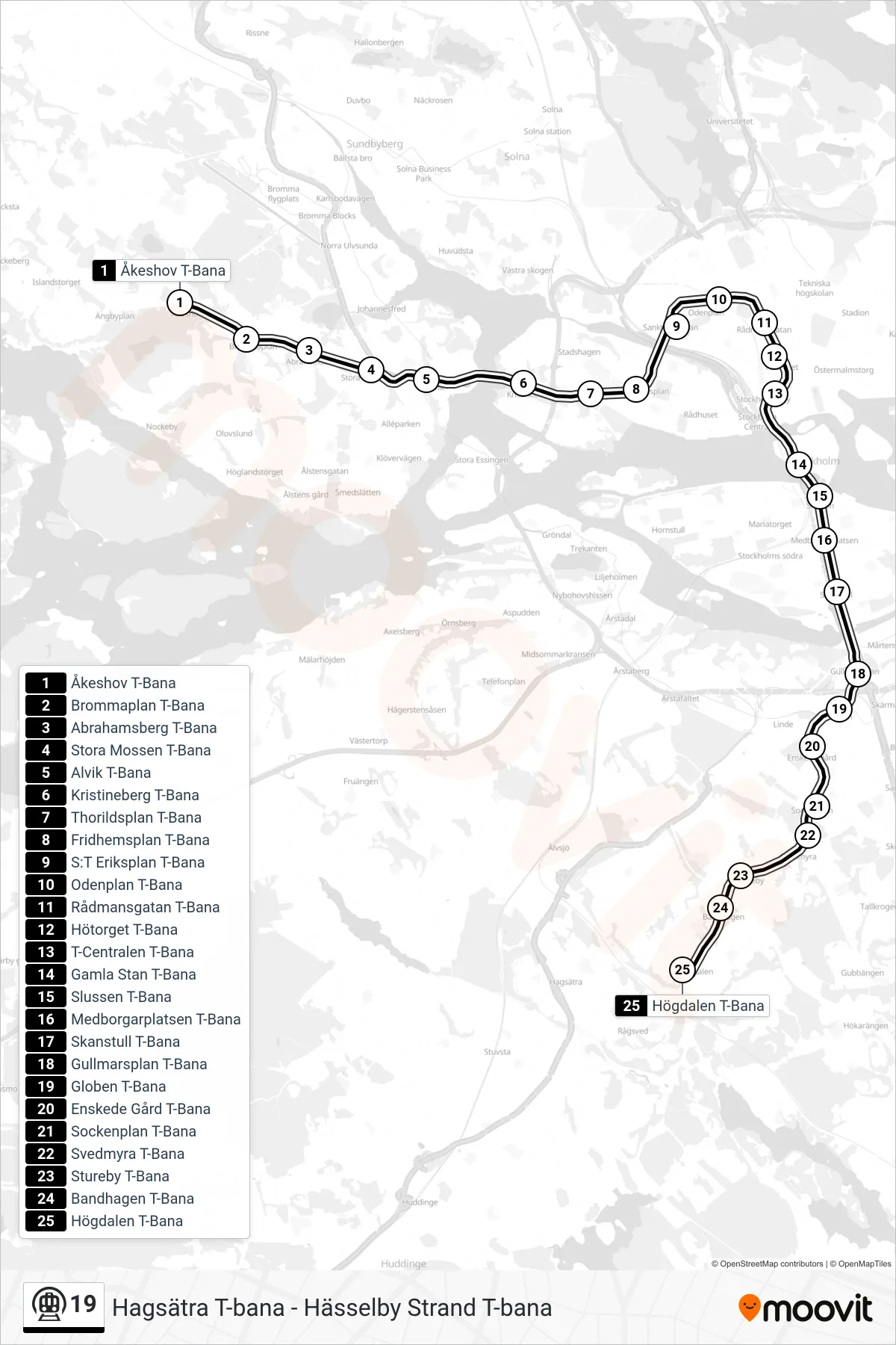 Rutt och hållplatser på karta för linje 19  tunnelbana, (Högdalen T-Bana)