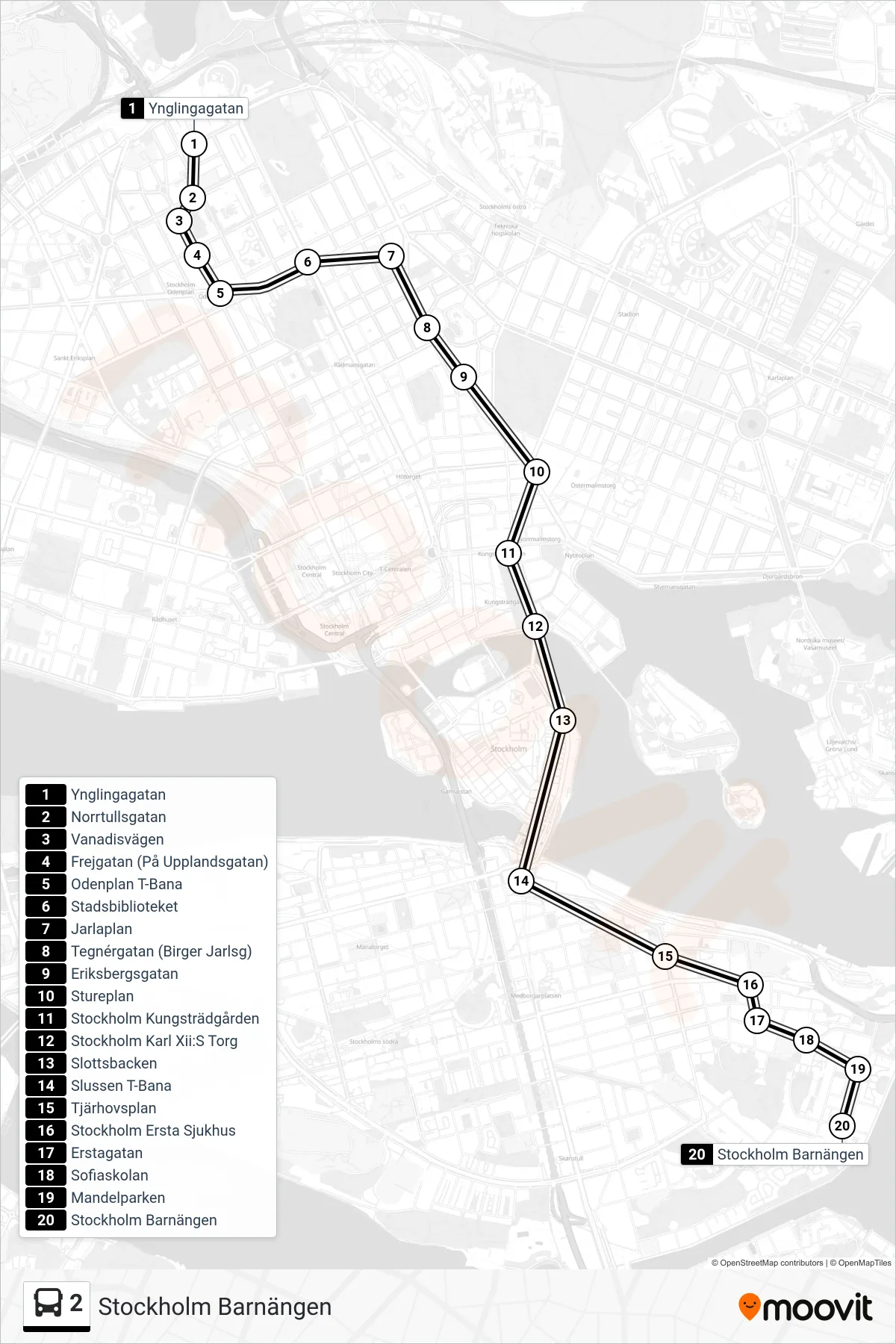 Rutt och hållplatser på karta för linje 2  buss, (Stockholm Barnängen)