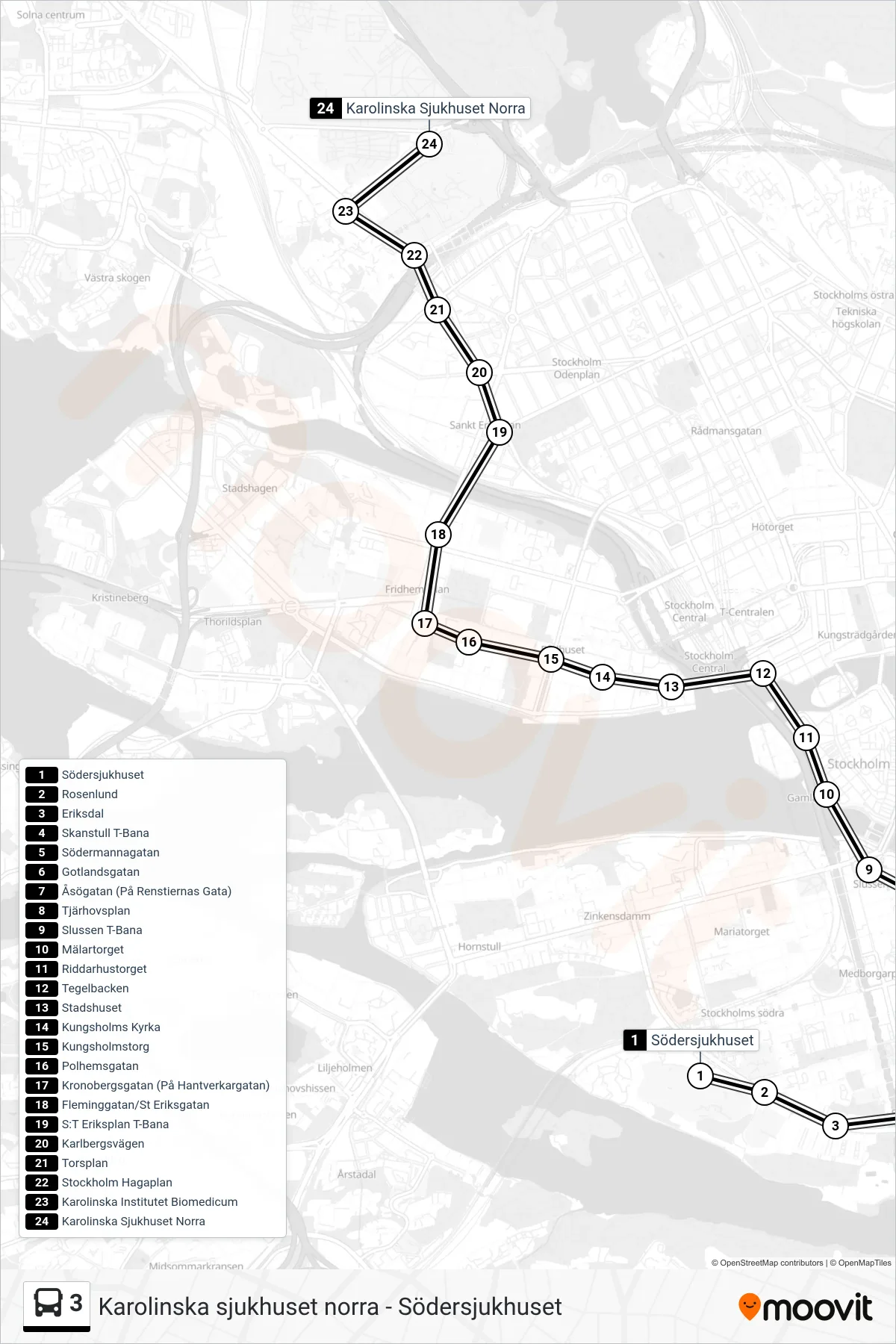 Rutt och hållplatser på karta för linje 3  buss, (Karolinska Sjukhuset Norra)