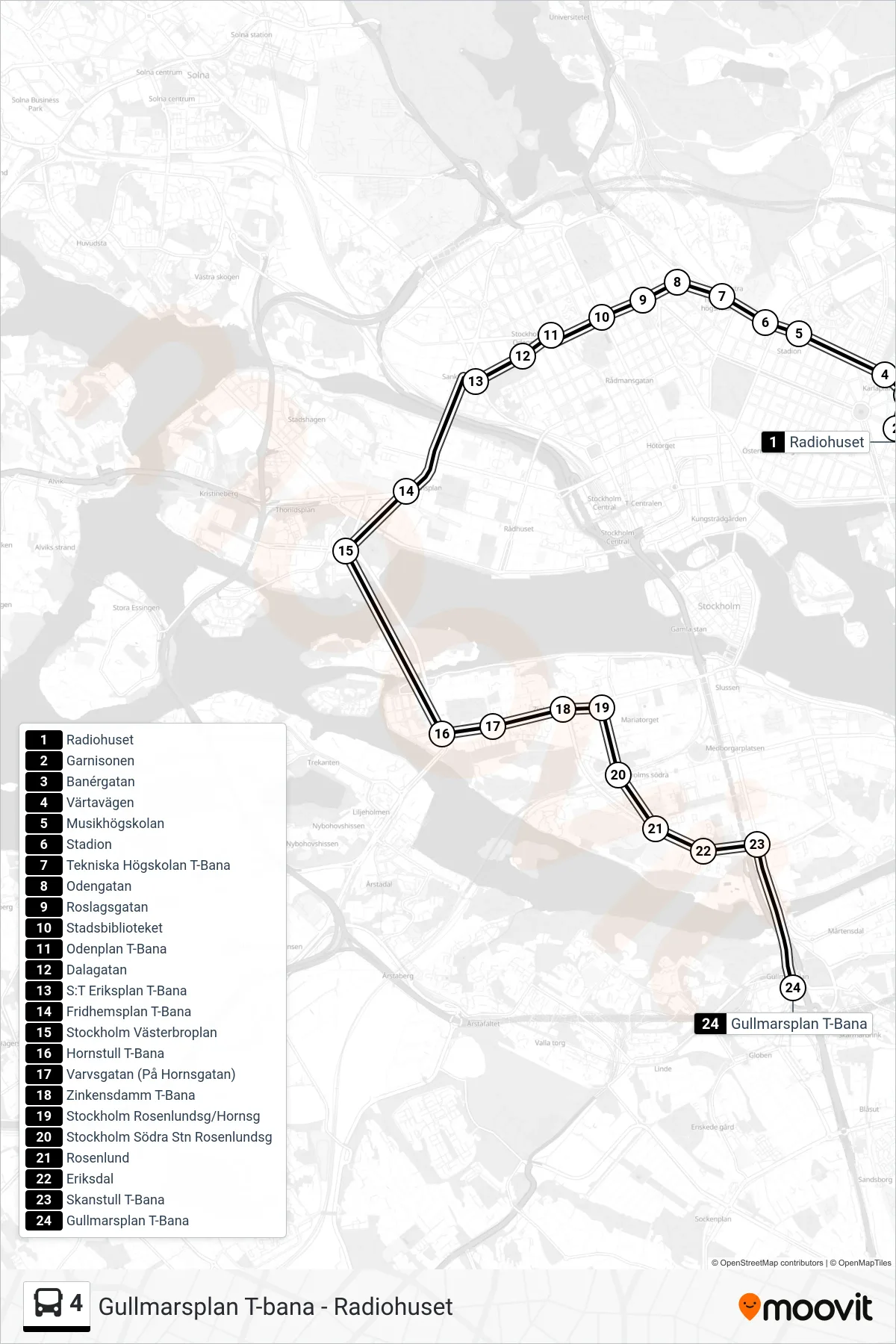Rutt och hållplatser på karta för linje 4  buss, (Gullmarsplan T-Bana)