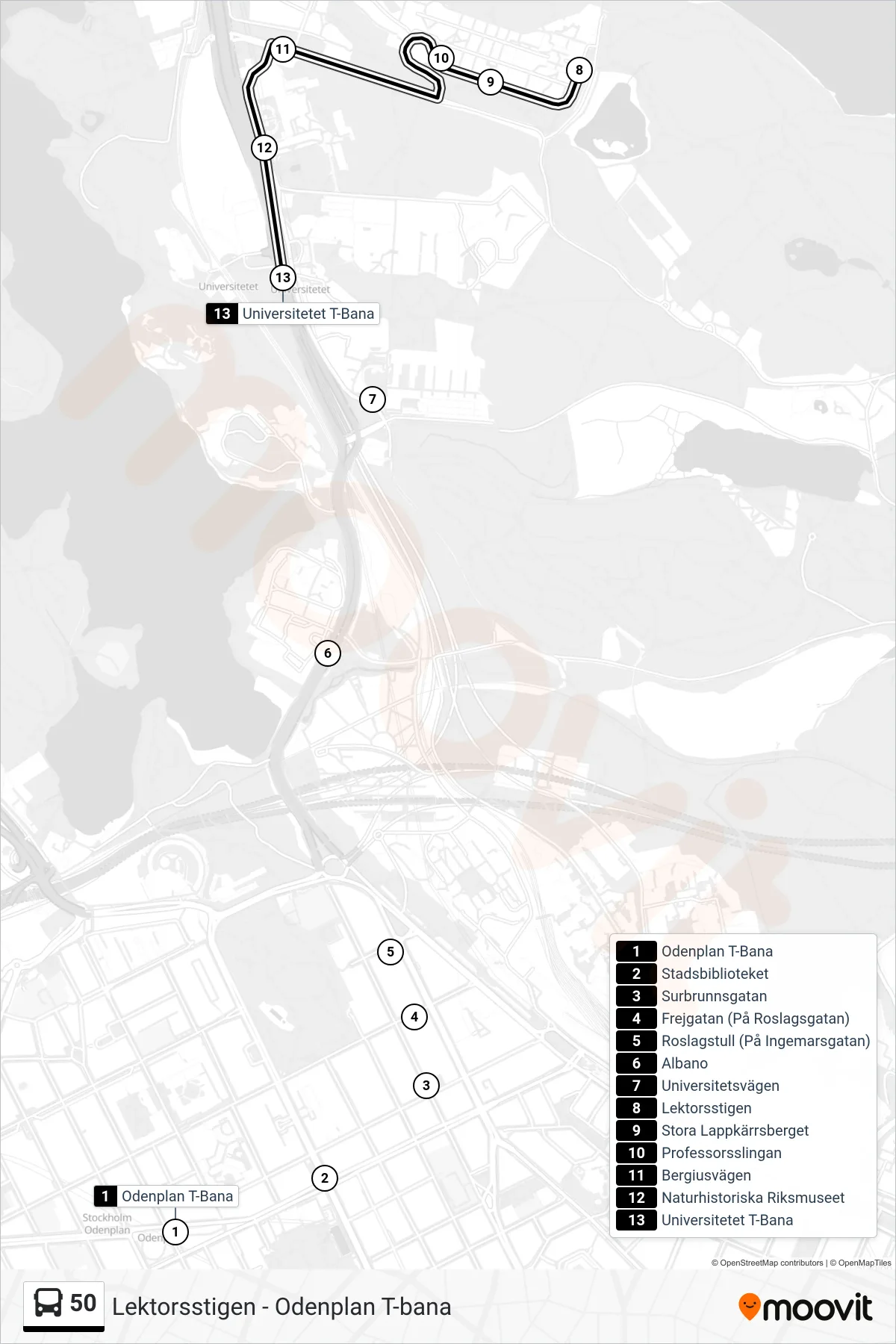 Rutt och hållplatser på karta för linje 50 buss, (Universitetet T-Bana)