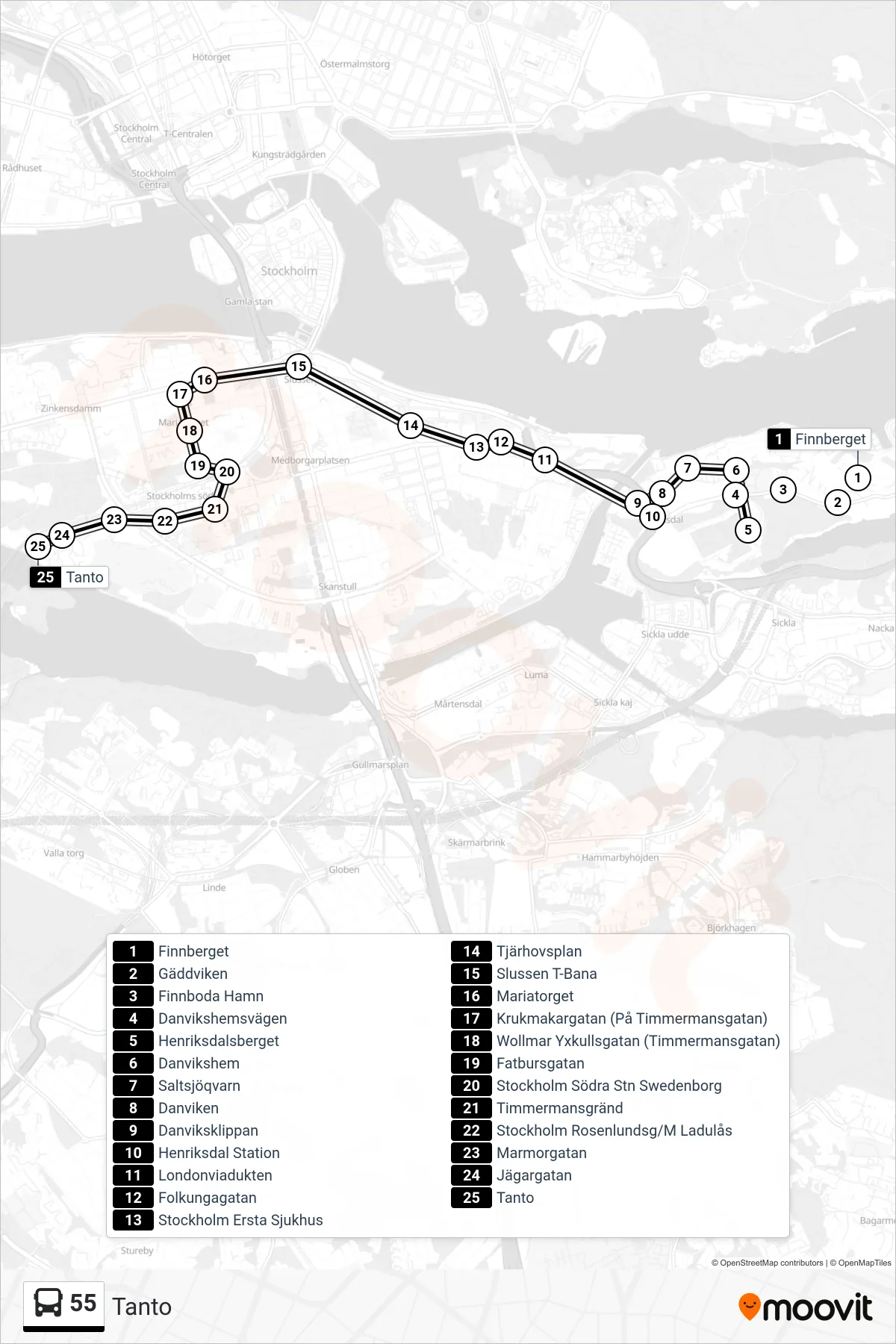 Rutt och hållplatser på karta för linje 55 buss, (Tanto)