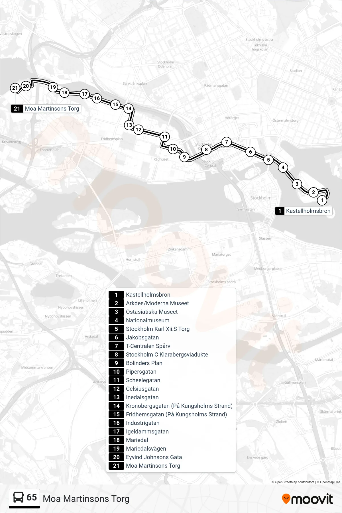 Rutt och hållplatser på karta för linje 65 buss, (Moa Martinsons Torg)