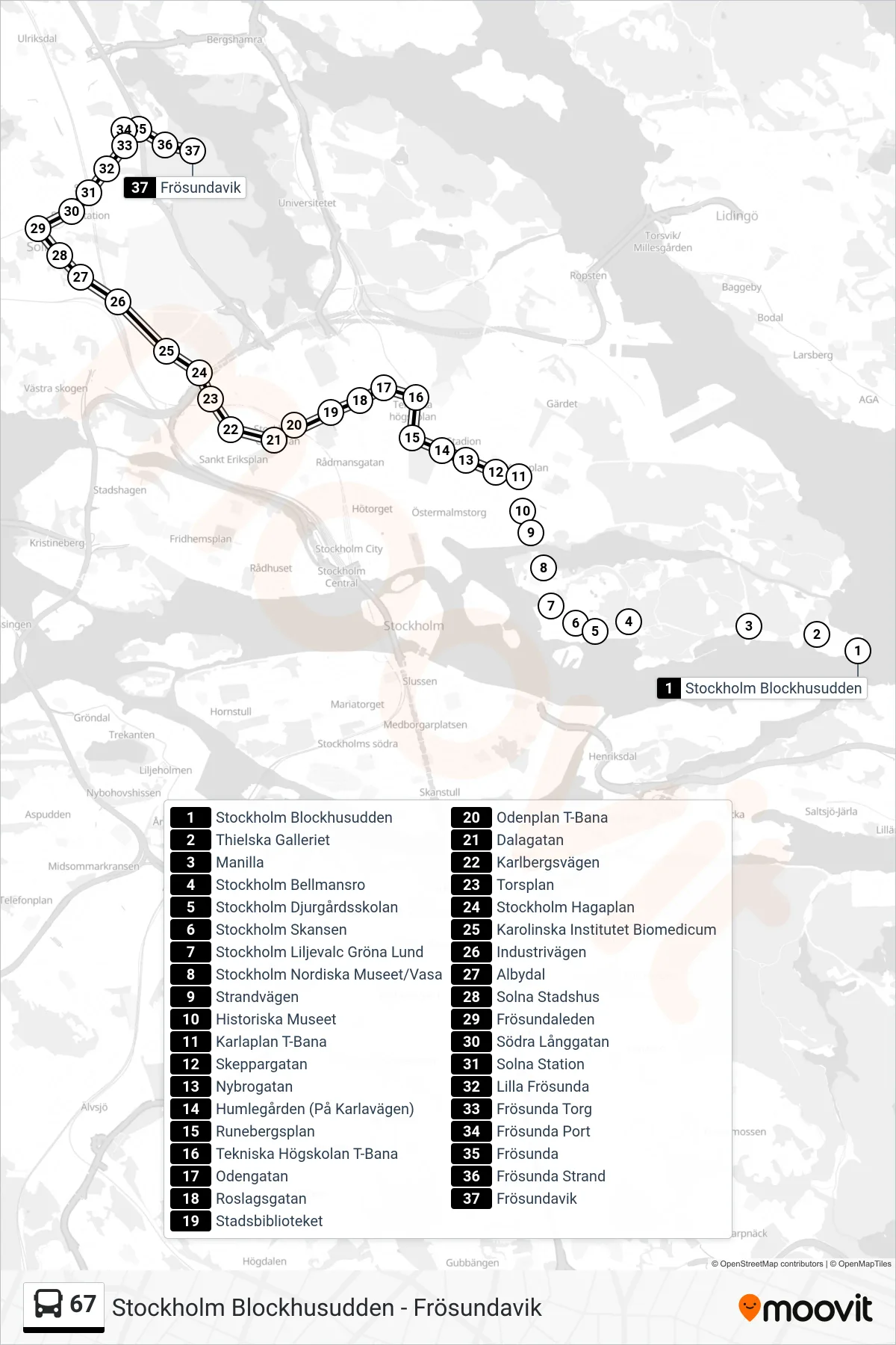 Rutt och hållplatser på karta för linje 67 buss, (Frösundavik)