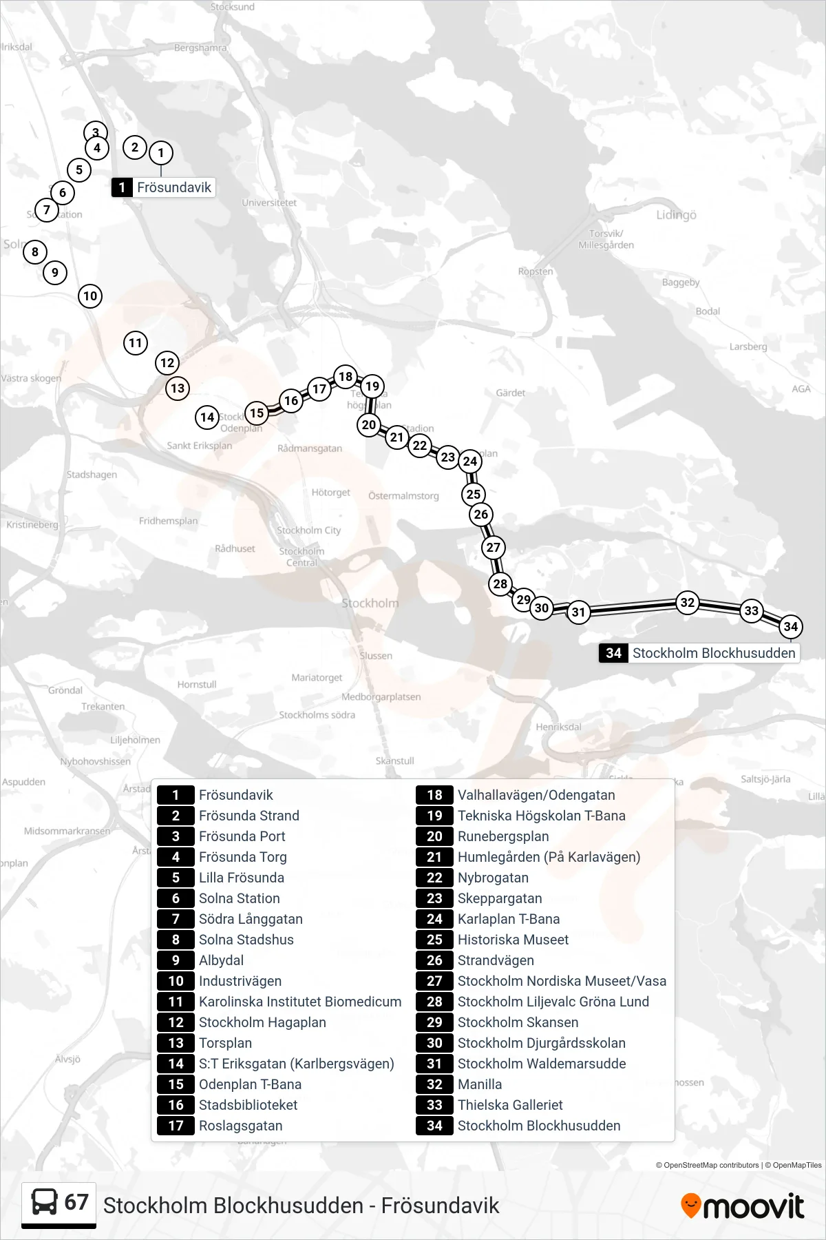 Rutt och hållplatser på karta för linje 67  buss, (Stockholm Blockhusudden)