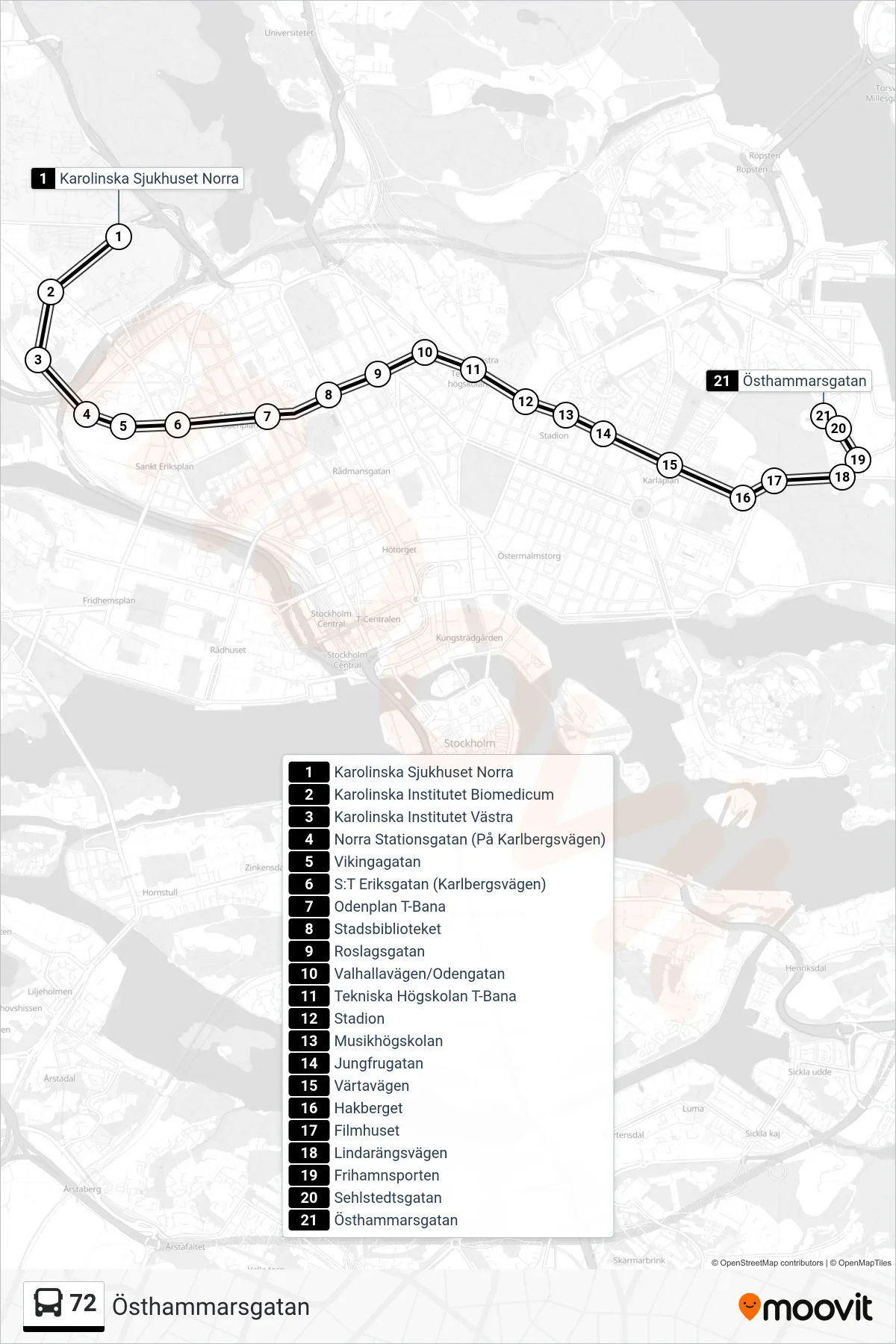 Rutt och hållplatser på karta för linje 72  buss, (Östhammarsgatan)