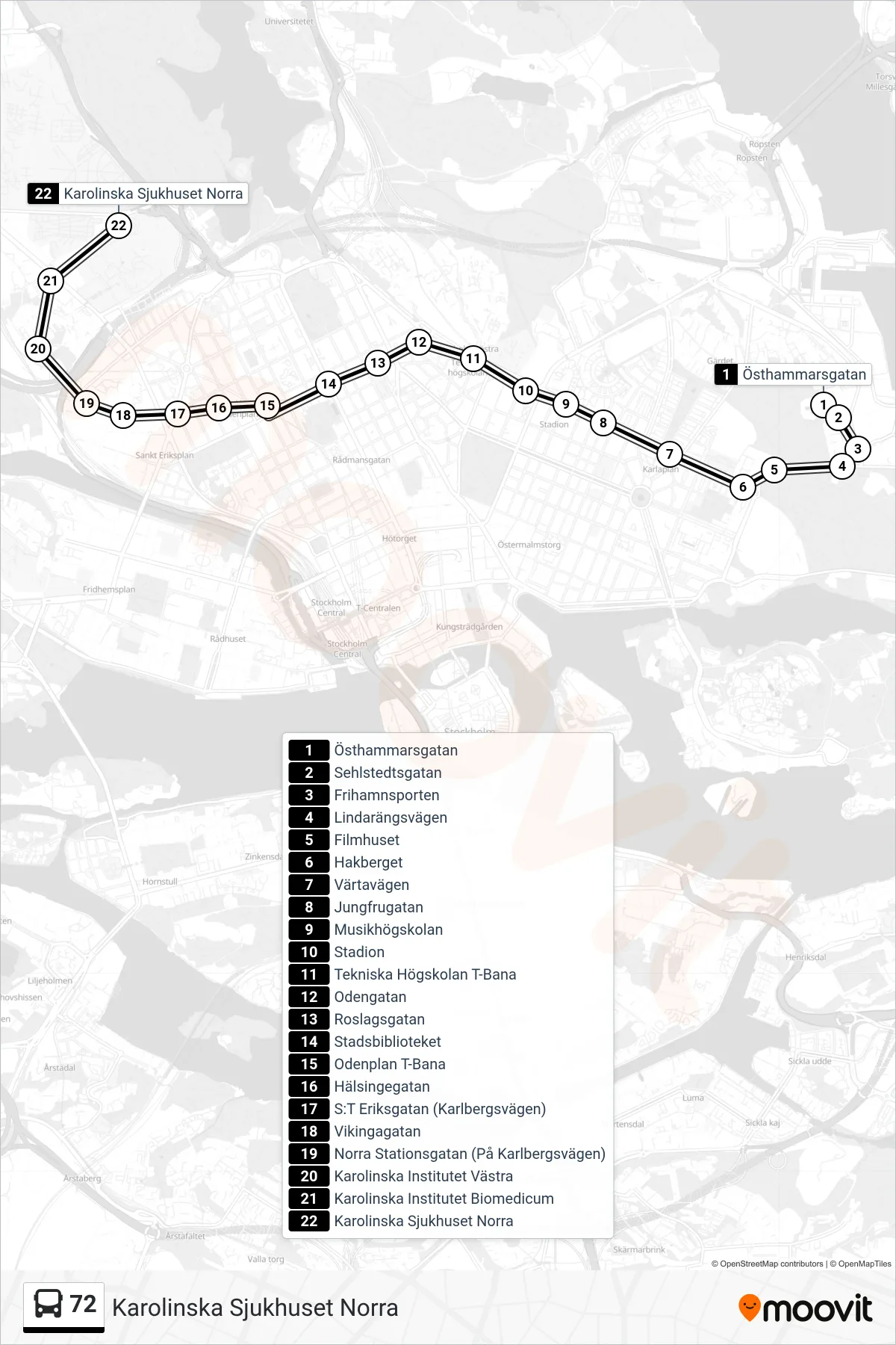 Rutt och hållplatser på karta för linje 72 buss, (Karolinska Sjukhuset Norra)