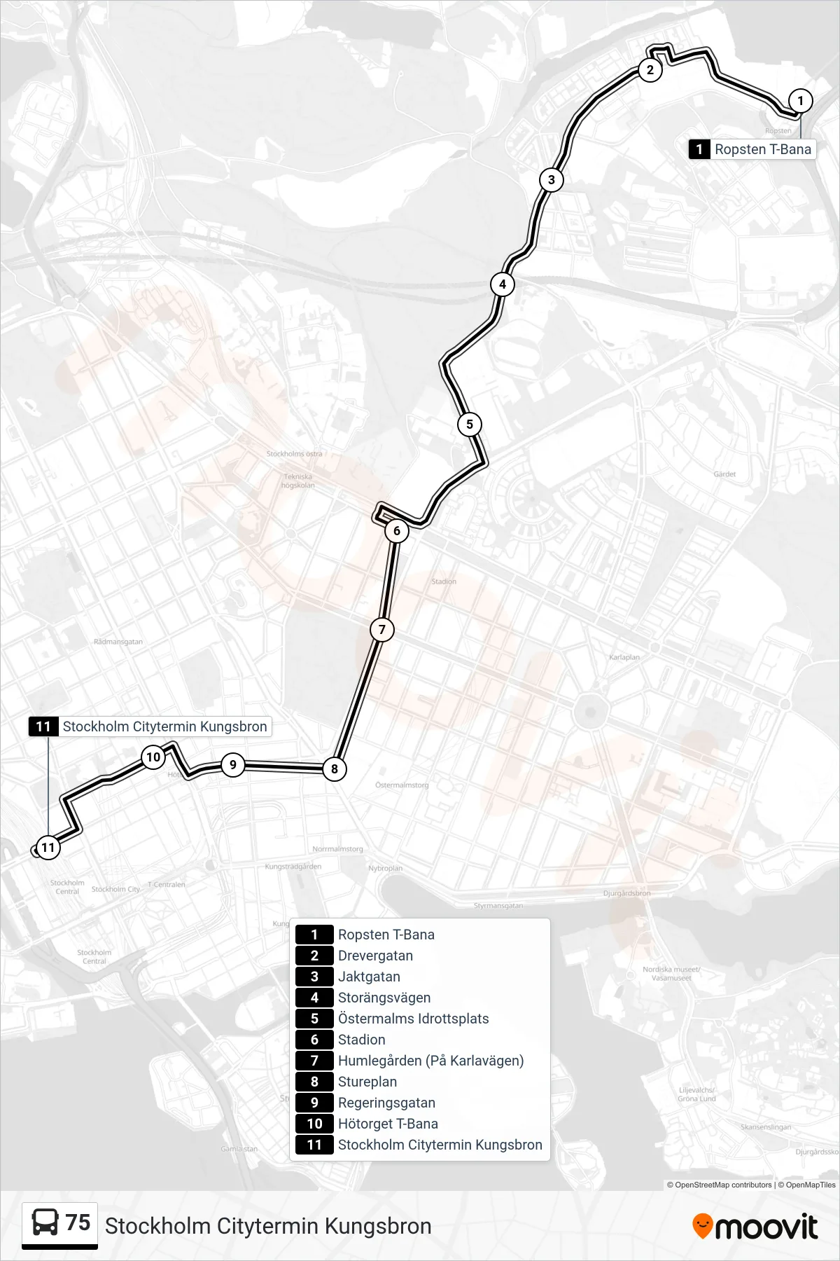 Rutt och hållplatser på karta för linje 75 buss, (Stockholm Citytermin Kungsbron)